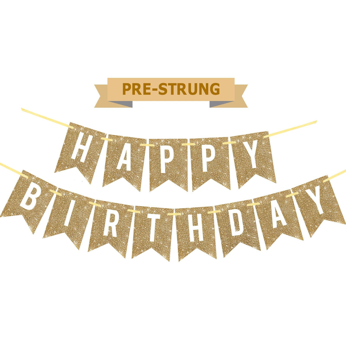 Netnology Pre-Strung Gold Glitter Happy Birthday Banner Decorations