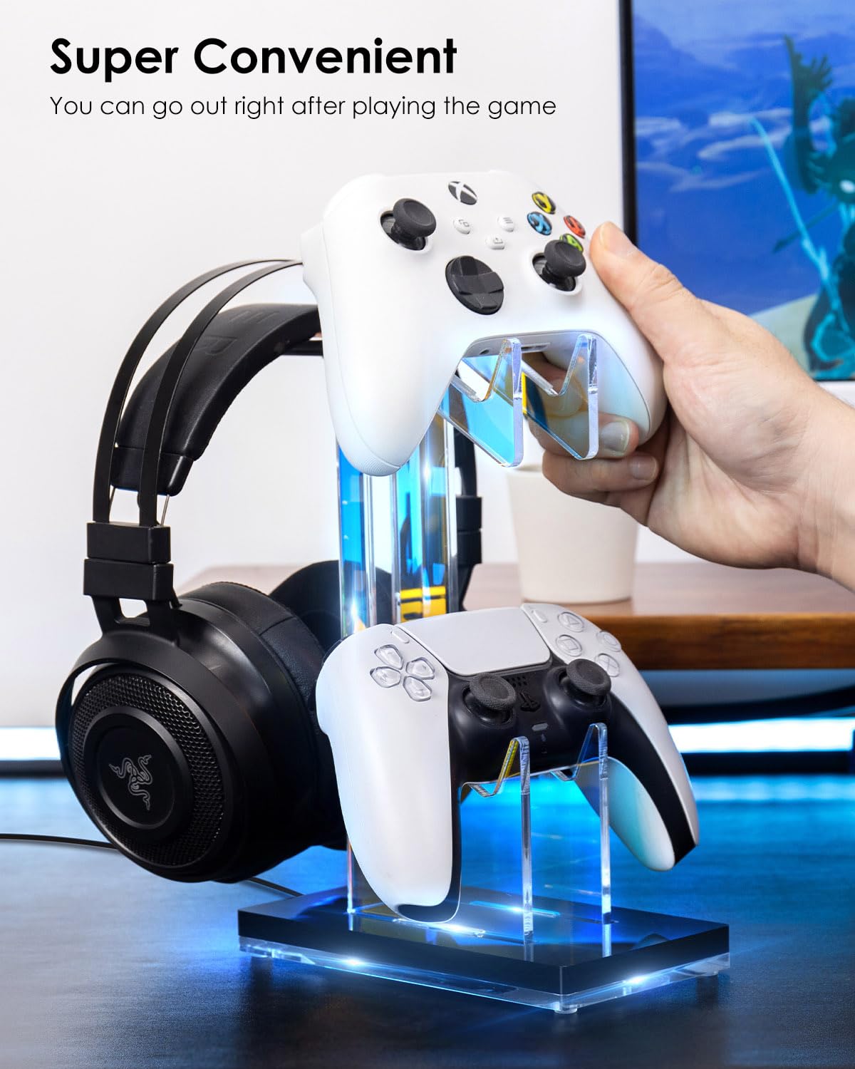 OAPRIRE Headset and Controller Stand with Lights, 2 Tier Acrylic Game Controller Holder, Controller