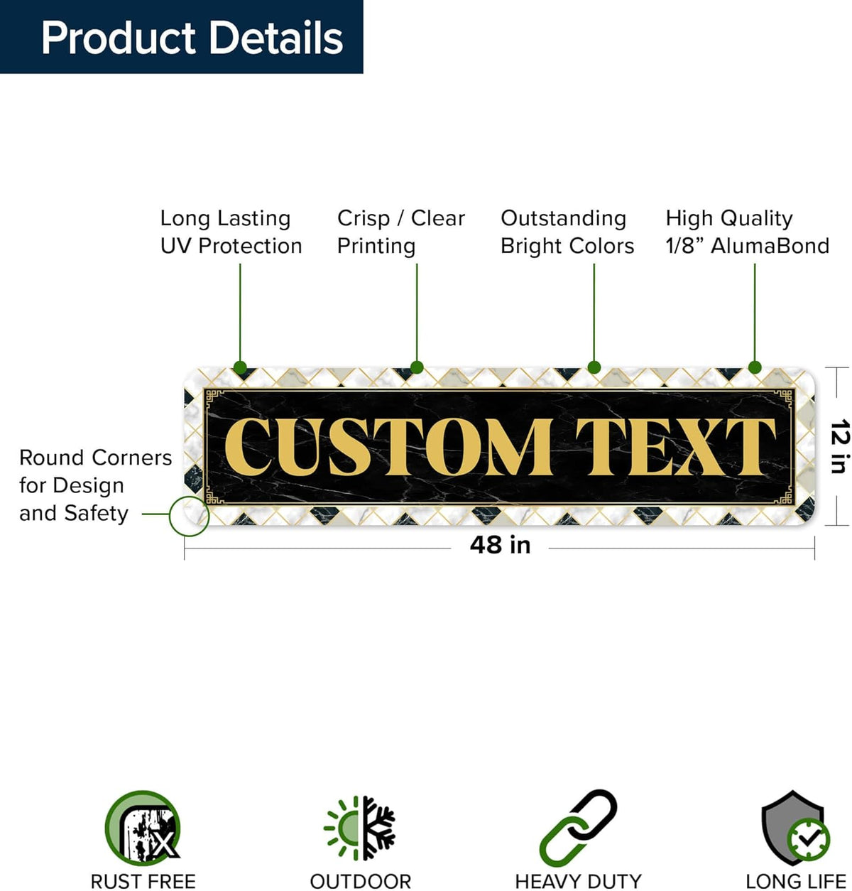 Custom Sign, Custom Street Sign, 11 Font Colors, 13 Font Styles, 4 Hole Options, 22 Sizes, 12x48