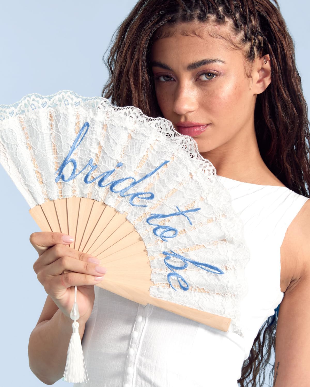 xo, Fetti White Lace Bride to Be Folding Fan | Bridal Something Blue, Wedding Accessory, Bridesmaid
