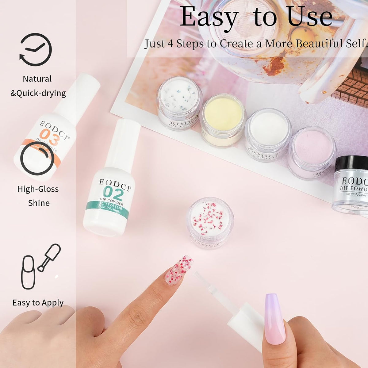 Dip Powder Nail Transparent Crystal Dried Flower Set, 6 Colors Dipping Powder Kit With Base & Top