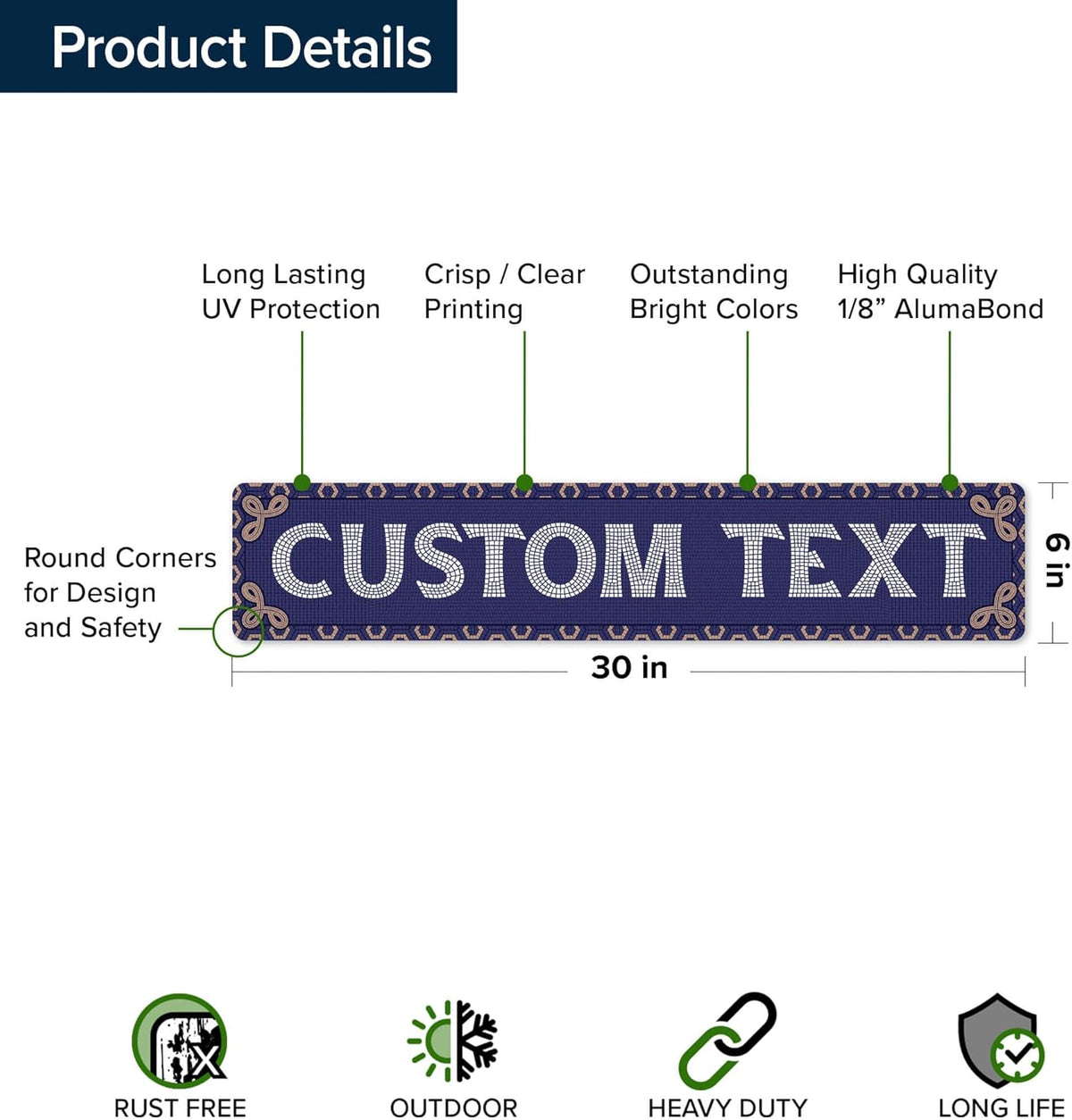 Custom Sign, Custom Street Sign, 11 Font Colors, 13 Font Styles, 4 Hole Options, 22 Sizes, 6x30