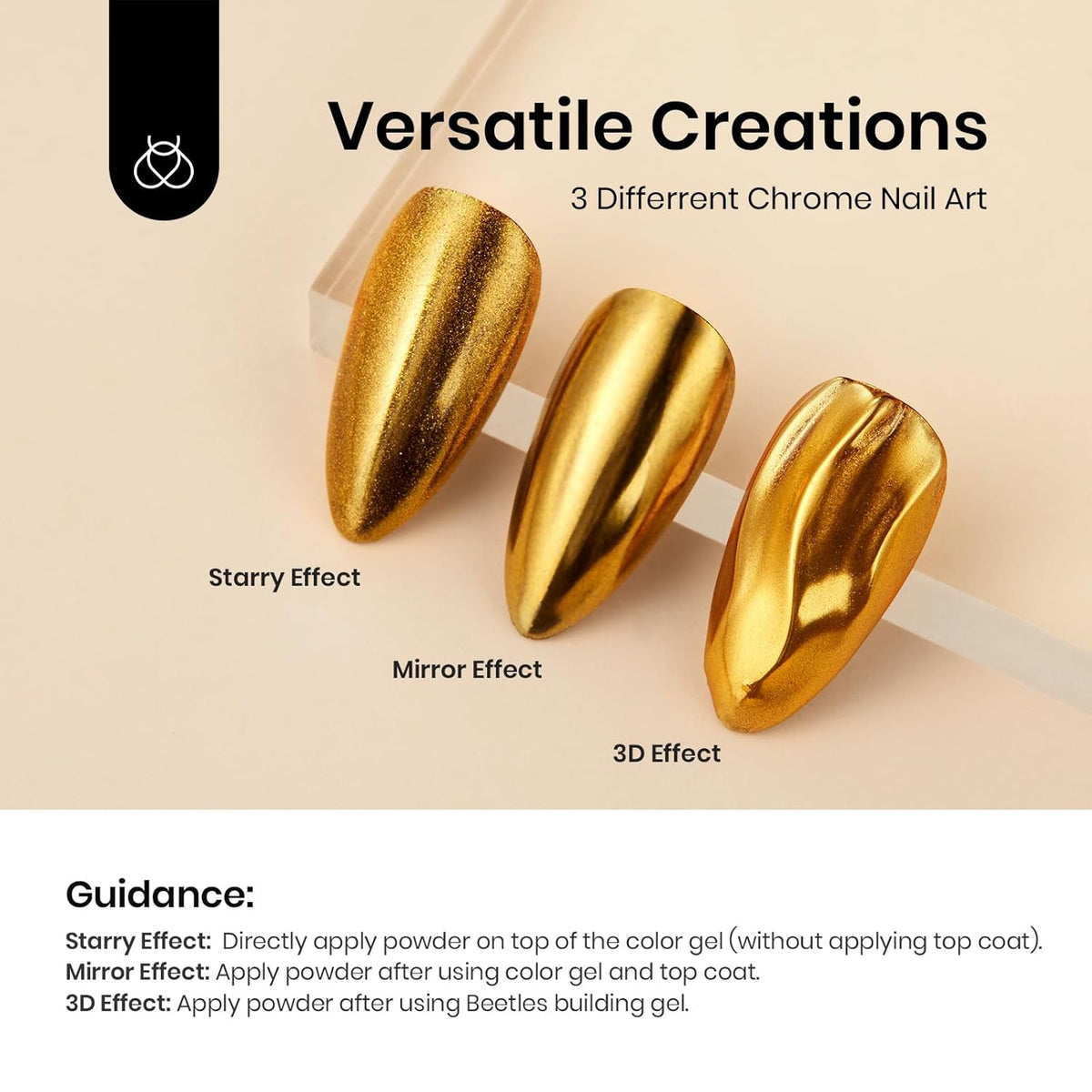 Beetles Gold Chrome Nail Powder Set - 8 Colors Sliver Holographic Mirror Effect Iridescent Golden