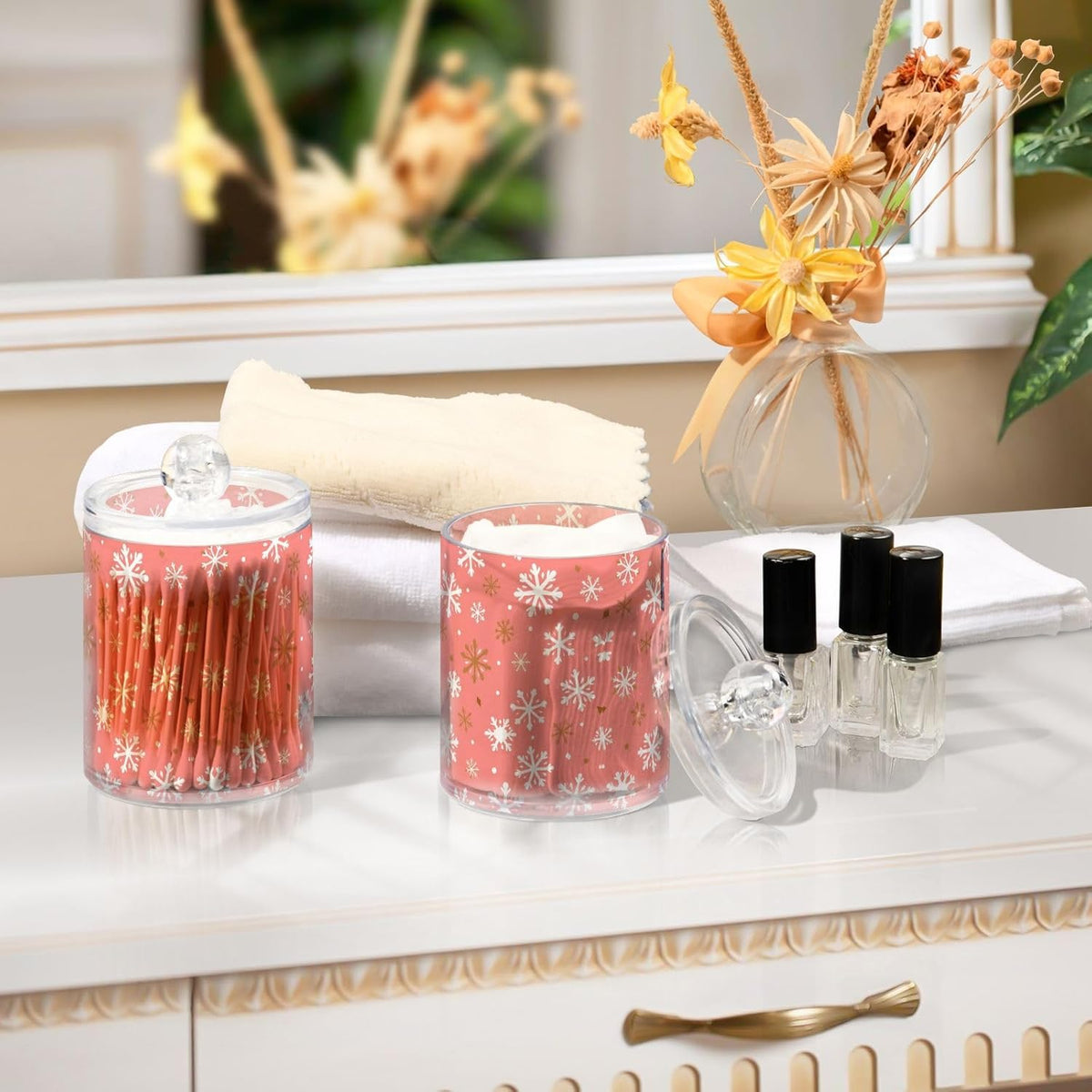 Gredecor 2 Pack Qtip Holder Clear Christmas Golden Pink Snowflakes Apothecary Jars with Lids