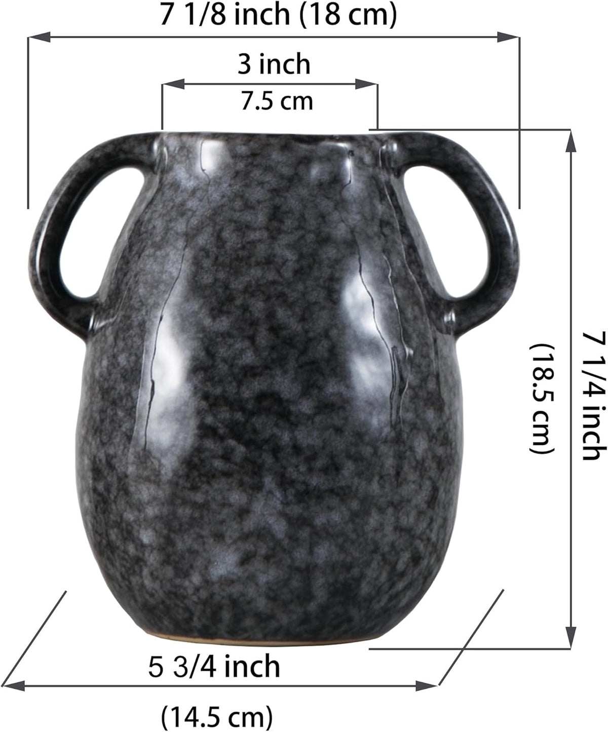 Ceramic Modern Farmhouse Vase with 2 Handles, Black Ceramic Vases for Home Decor, Rustic Pottery