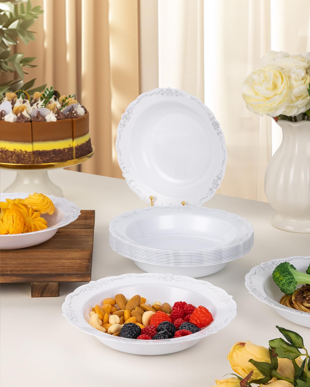 50 Pack White Plastic Bowls with Silver Rim, 12oz Plastic Salad Bowl, Disposable Bowls for Party