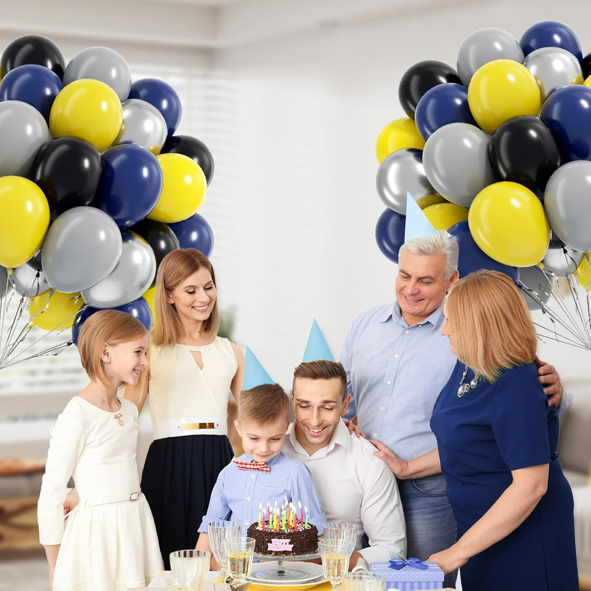 60pcs Black and Yellow Balloons 12inch with Navy Blue Yellow Gray Metallic Silver Balloons for Baby