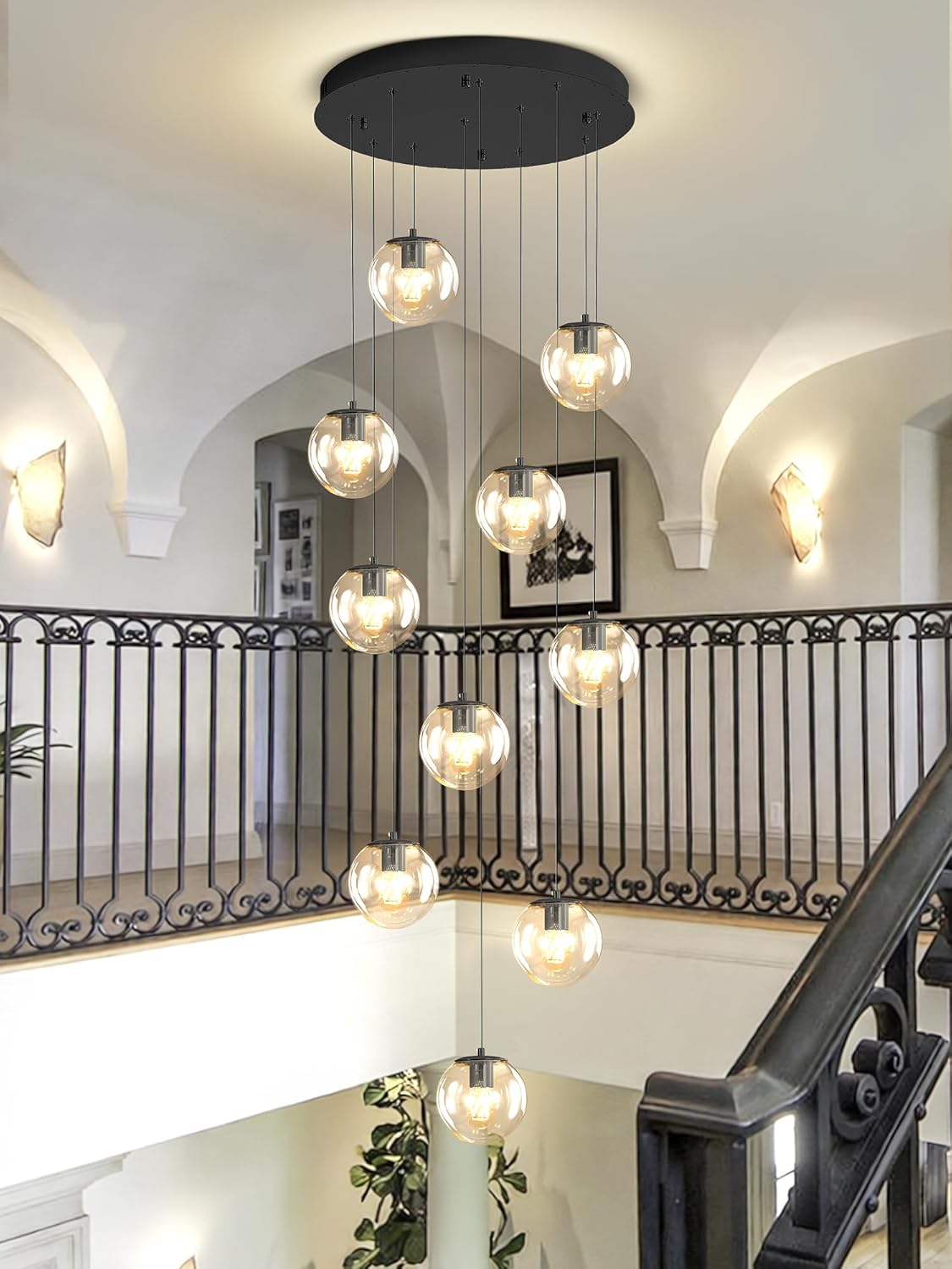 Modern Globe Chandelier H118 Staircase Chandelier for Entryway 12-Lights Glass Globe Pendant Light