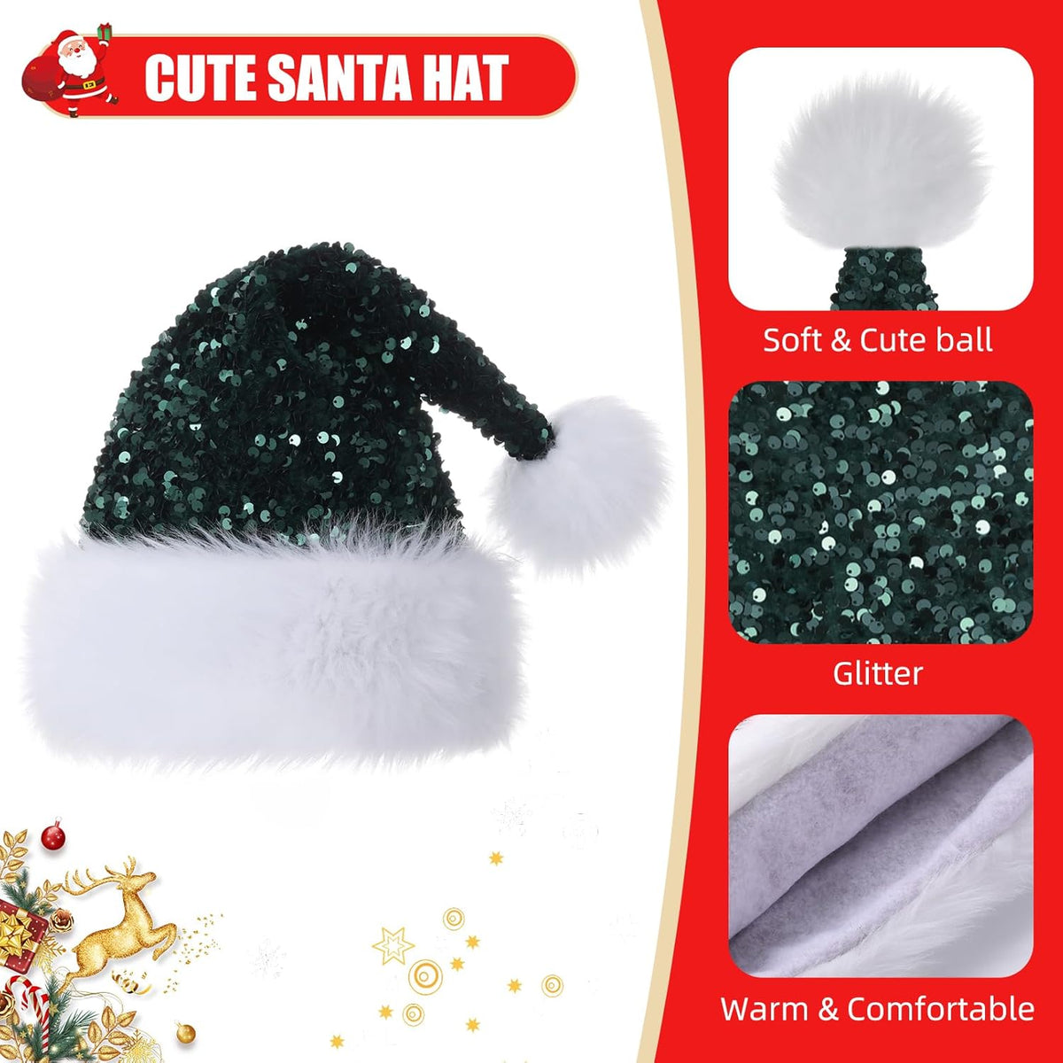 Personalized Sequin Santa Hat for Adults, Red Glitter Christmas Party Hat, Xmas Halloween New Year