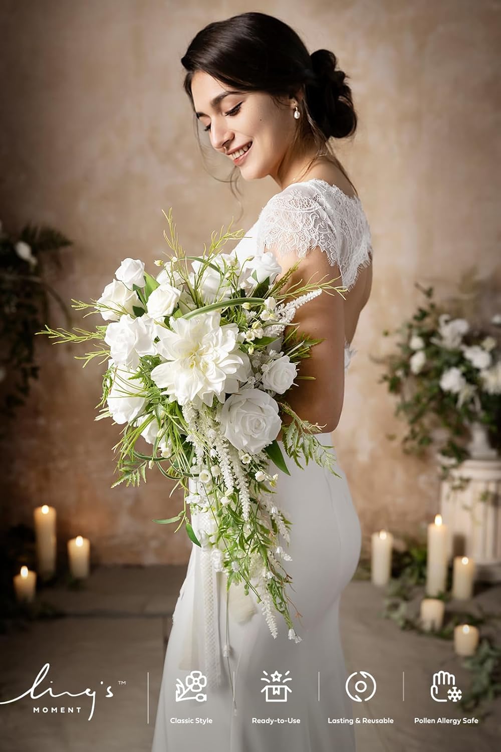 Ling's moment White Green Bridal Bouquet for Bride, White Green Wedding Bouquets for Bride, 13 Inch
