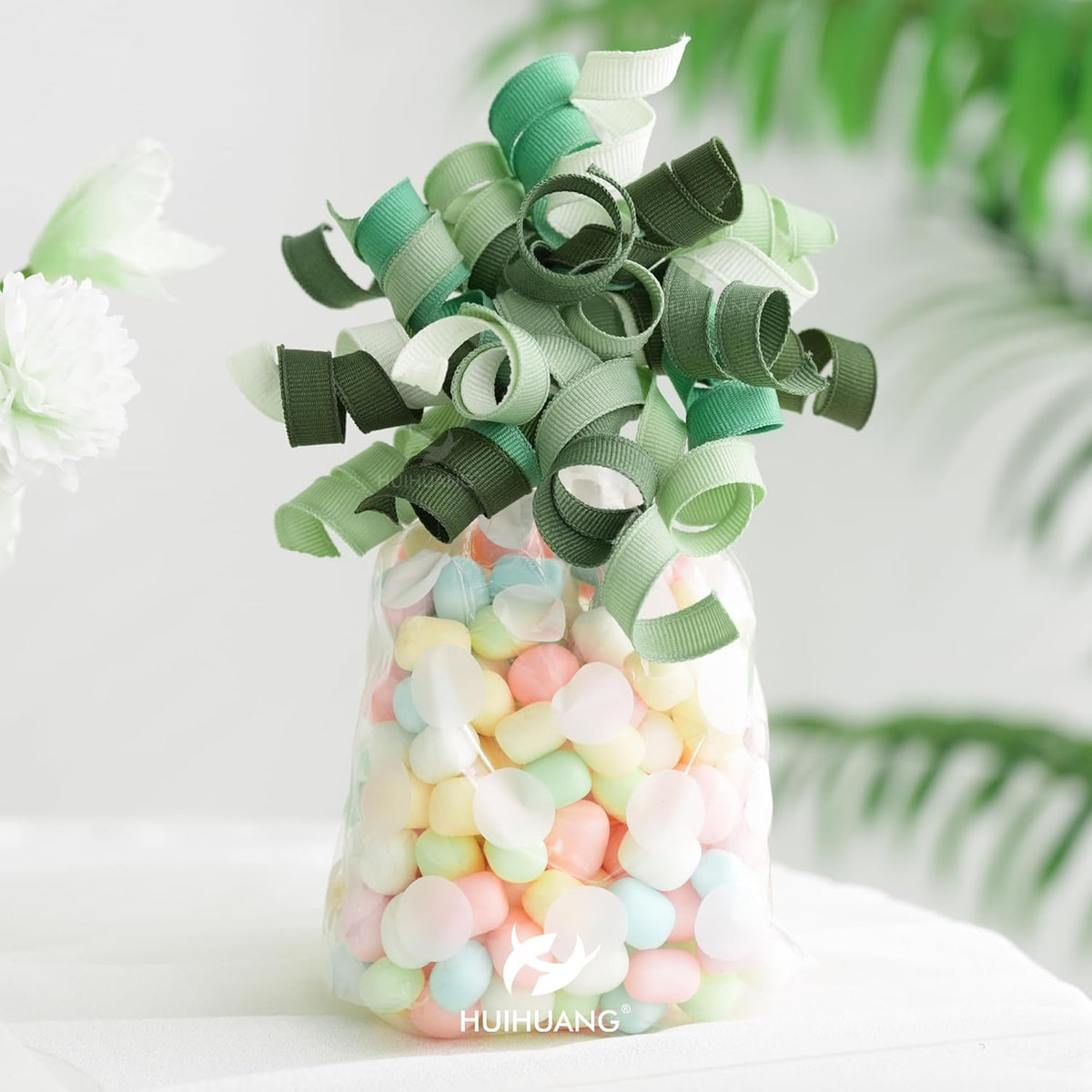 HUIHUANG Green Curly Gift Bows Self Adhesive Sage Green Burst Gift Bow for Gift Wrapping, Birthday