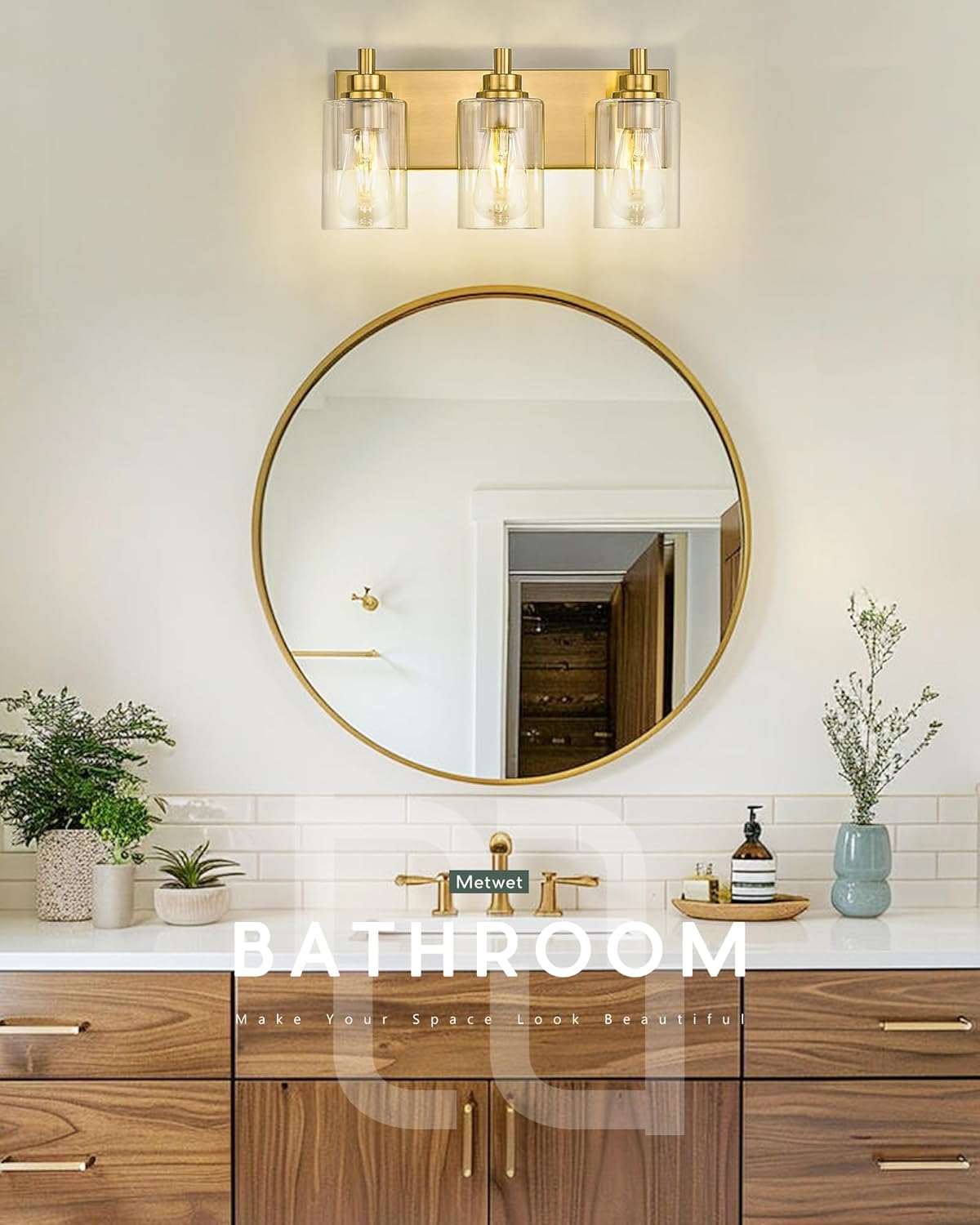 3-Light Bathroom Light Fixtures, Brushed Gold Vanity Light with Cylinder Clear Glass Shade, Modern