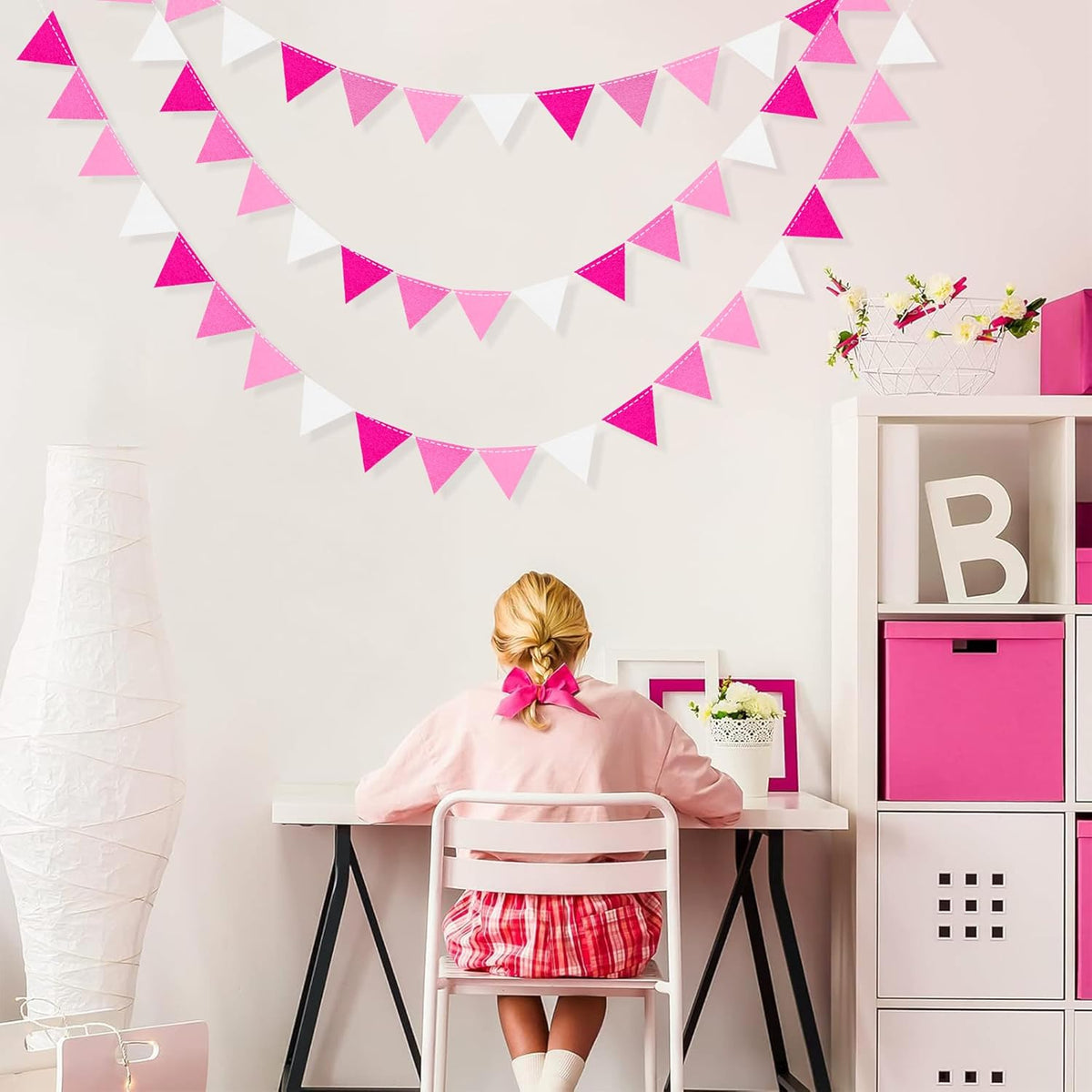 Hot Pink Party Decorations - Ombre Rose Pink Felt Hanging Triangle Mini Bunting Pennant Banner Flag