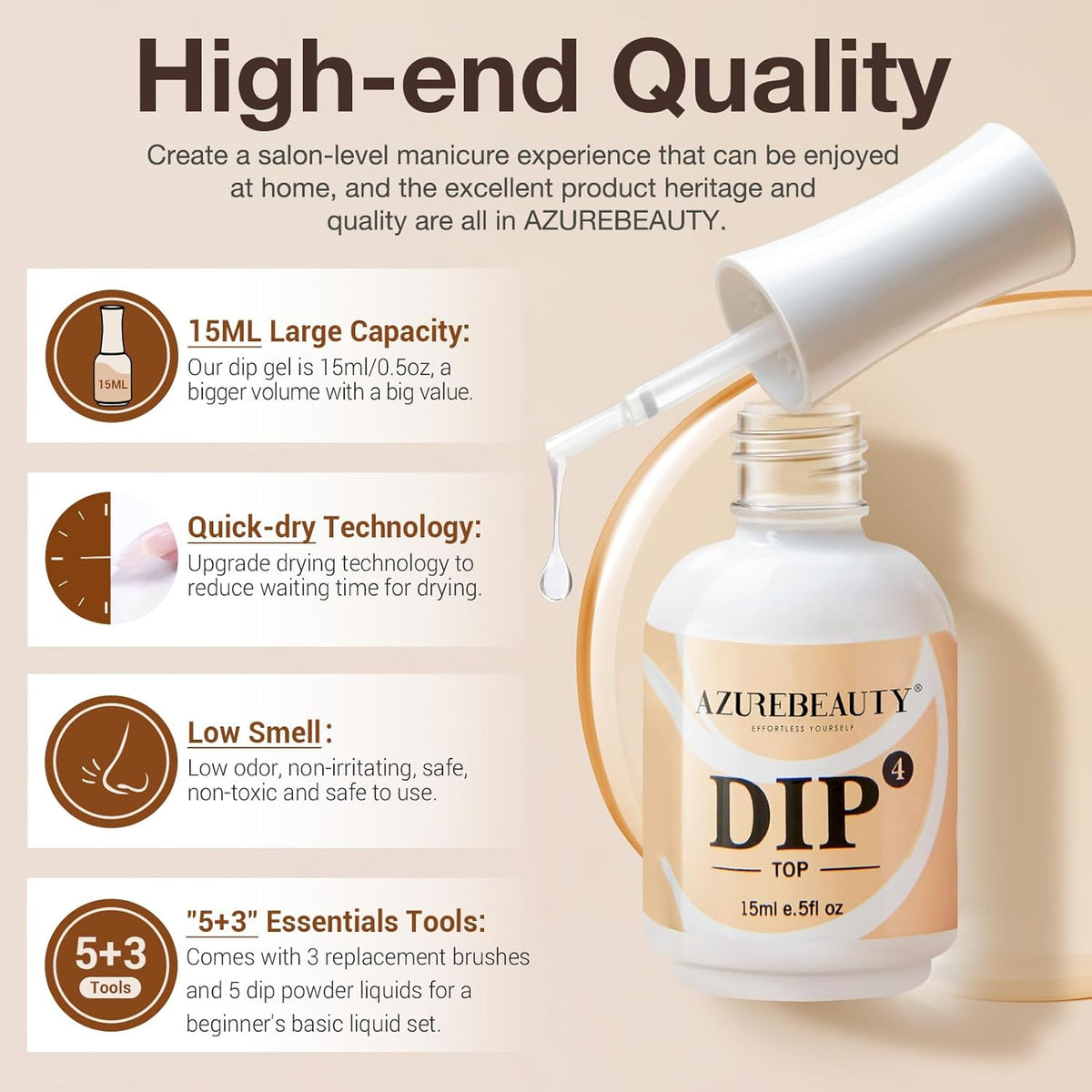 AZUREBEAUTY 5 Pcs Dip Powder Liquid Set - 15ml/0.5oz Large Capacity Dip Base Coat, Top Coat, Bond