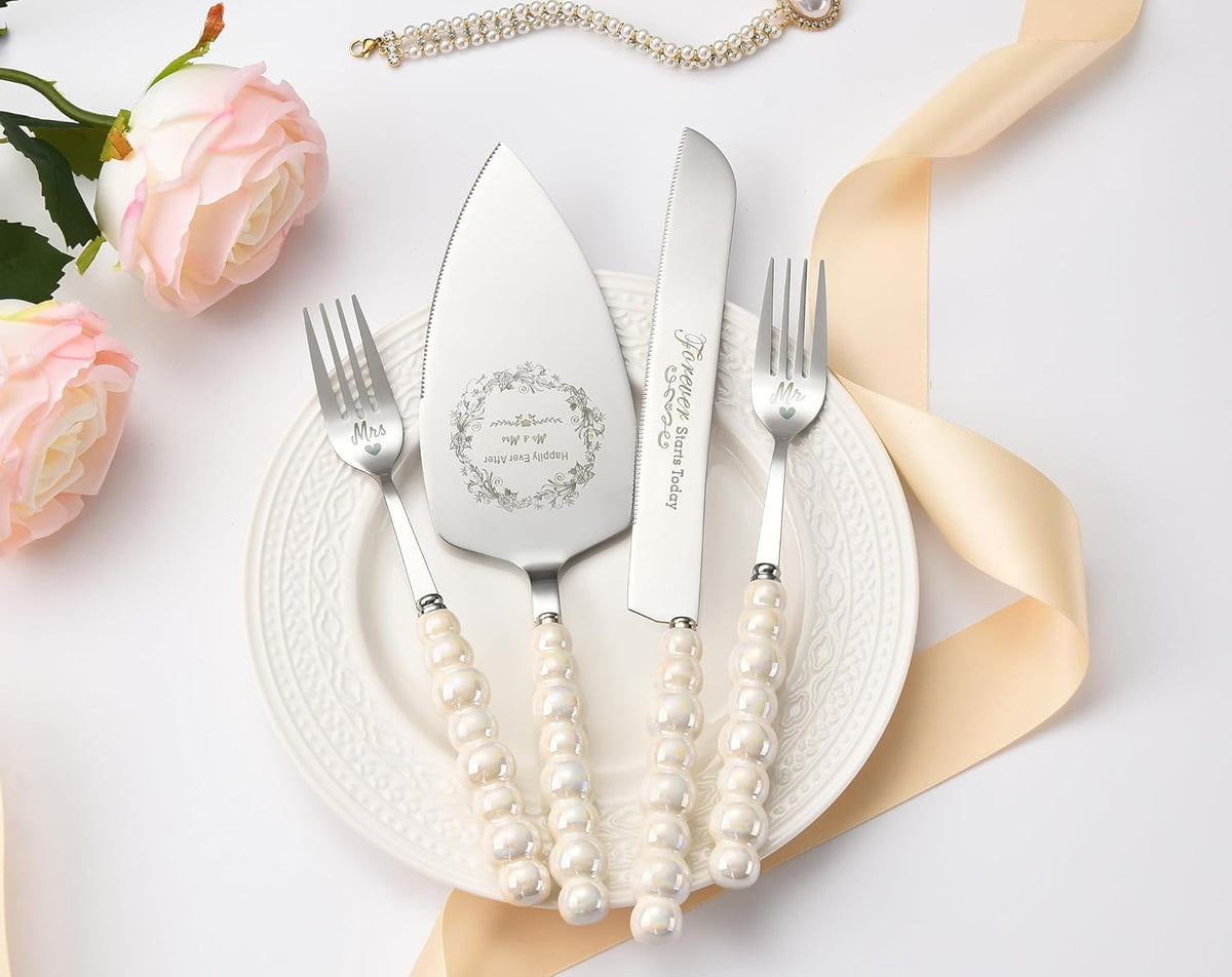 Wedding Cake Knife and Server Set,Ceramic Pearl Handle Cake Cutting Set for Weddings, Engagements