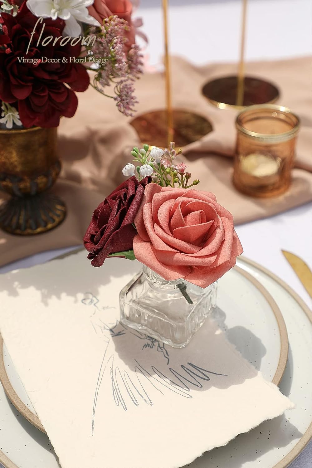 Floroom Artificial Flowers 50pcs Real Looking Burgundy & Pinky Cedar Foam Fake Roses with Stems for