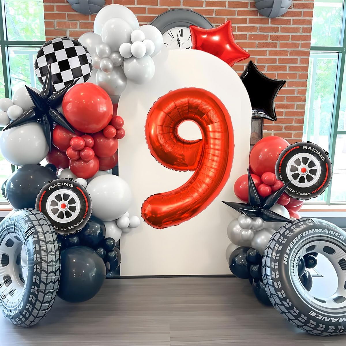 Race Car Birthday Party Decorations - 40 Inch Mylar Red Number 9 Balloons - Black Foil Checkered
