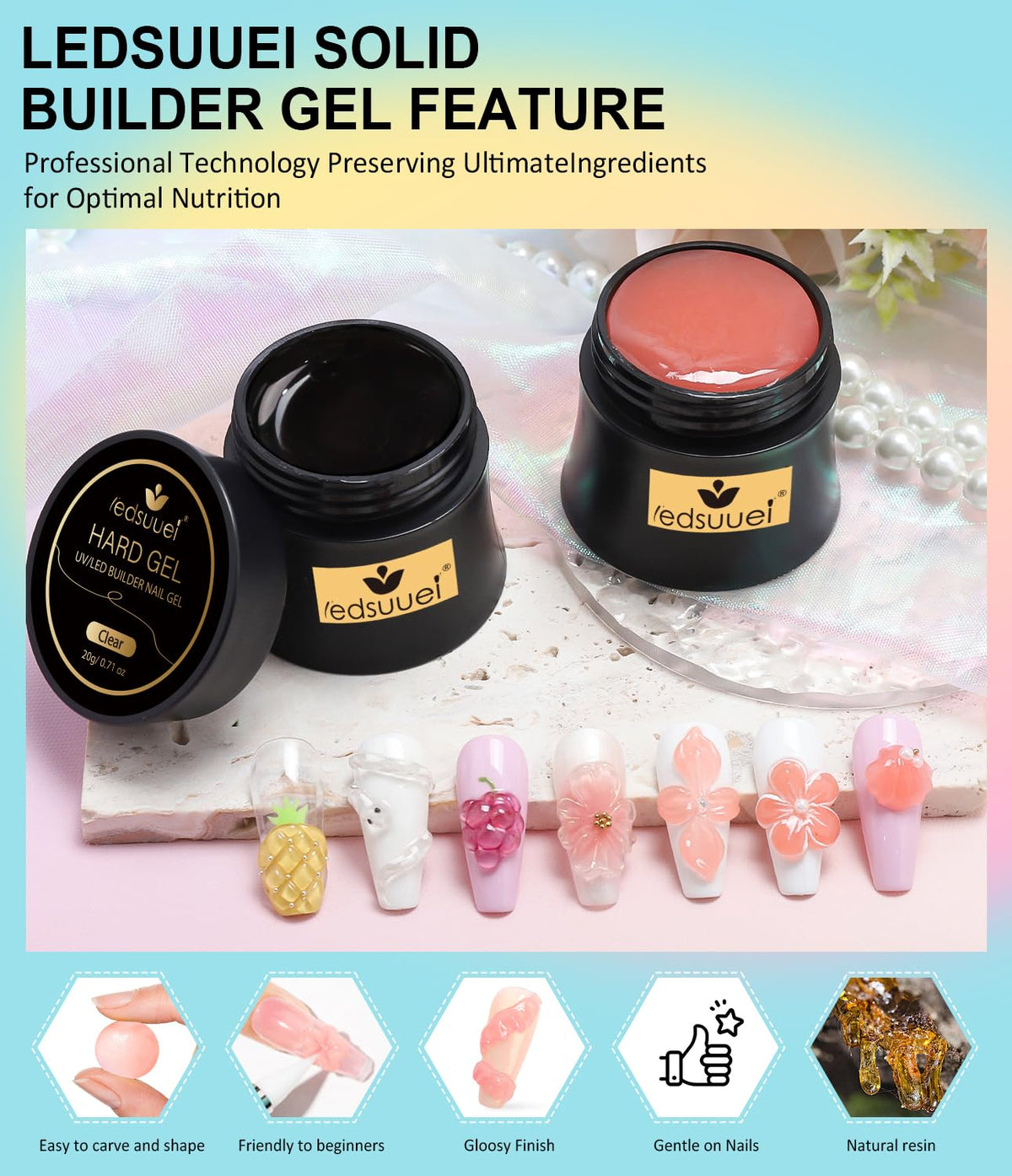 Solid Builder Gel for Nails LEDSUUEI - 2 Color Clear Nude 3D Nail Gel Sculpting Non-Sticky Hand