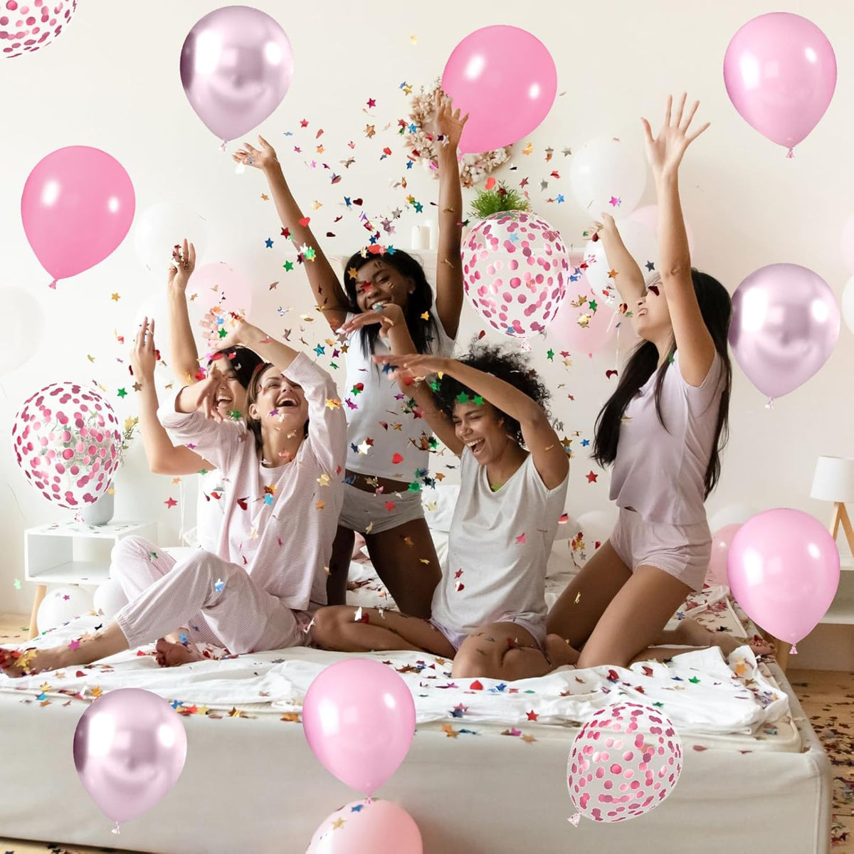 Metallic Chrome Pink 52 PCS 12 Inch Latex Balloons with Pink Confetti - Cherry Blossom, Pearl, Maca