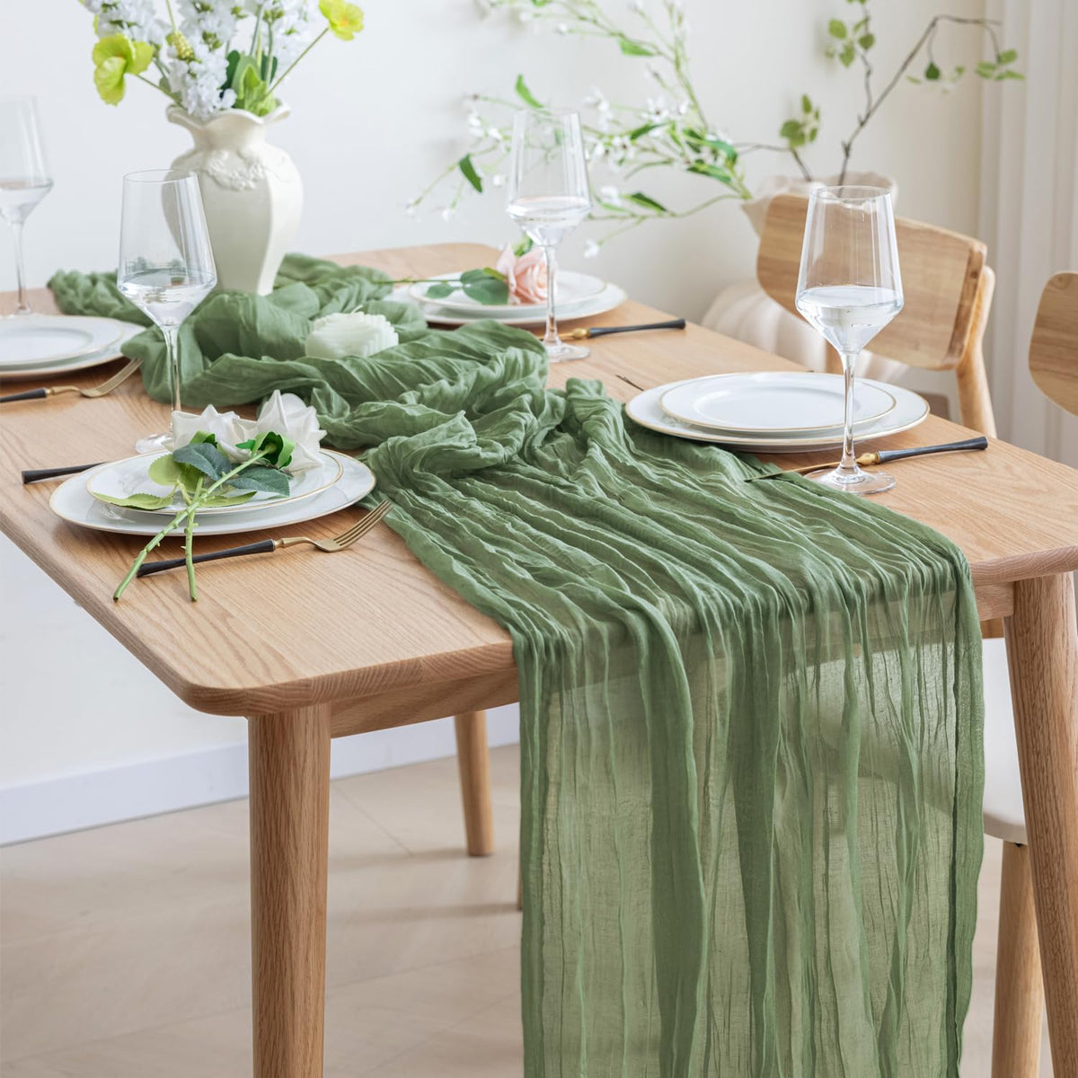 Asee'm 3pcs Cheesecloth Table Runner 120 Inches Sage Green Boho Gauze Cheese Cloth Runner 10FT
