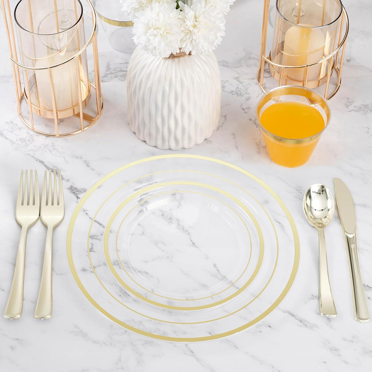 600PCS Clear Gold Plastic Plate Set (100 Guests), Plastic Plates for Party Wedding Birthday