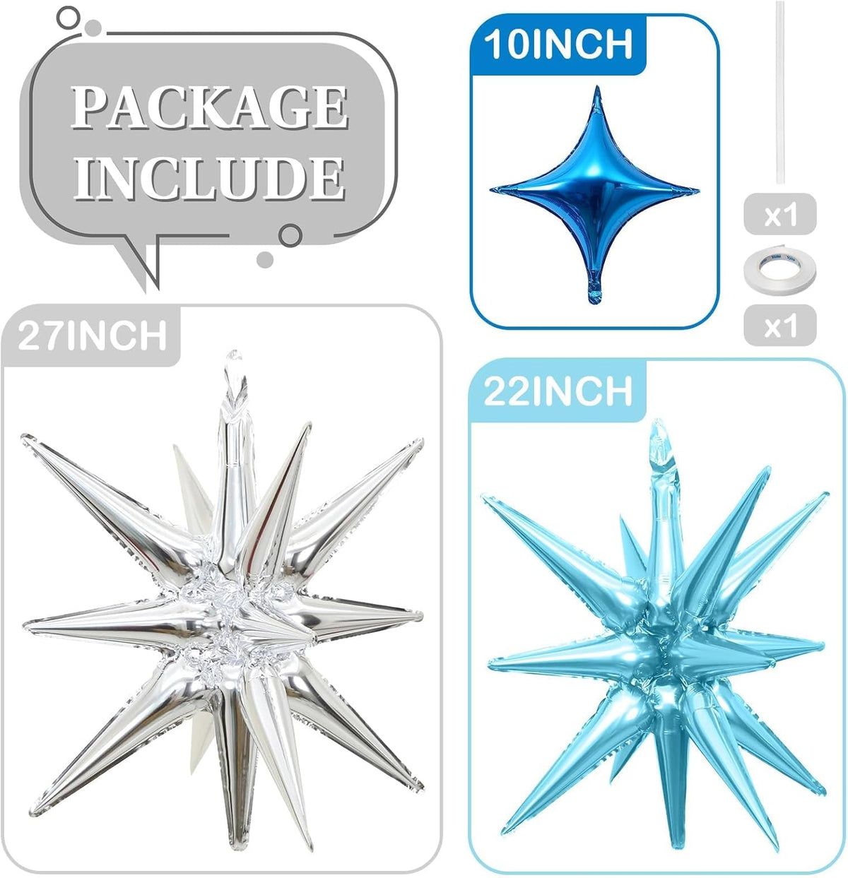 Blue Silver Star Balloons 12pcs, 27/22 Inch Foil Star Explosion Balloons, Large Spike Mylar Cone