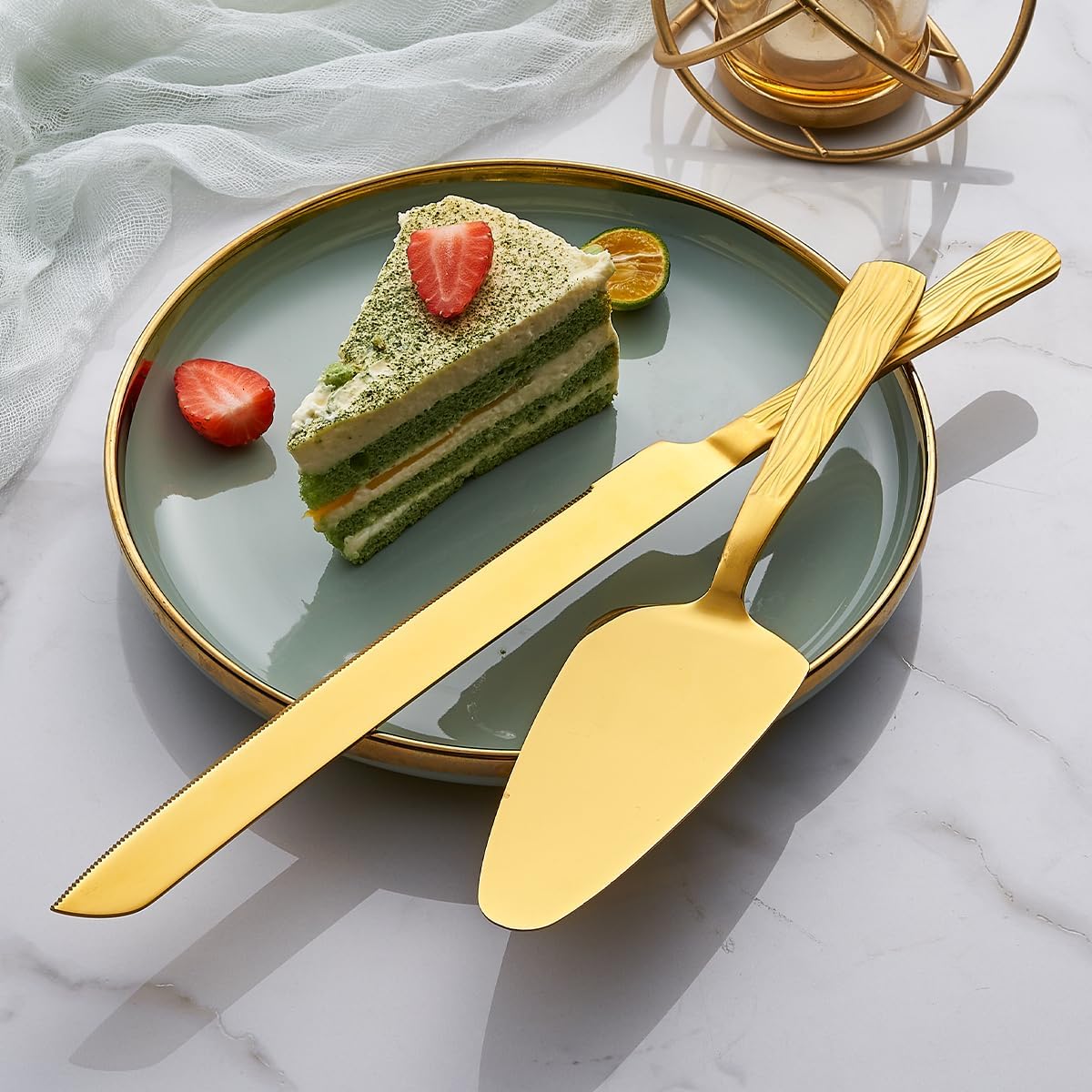 Gold Cake Cutter Set, Stainless Steel Cake Cutting Utensils Include Cake Knife and Cake Server