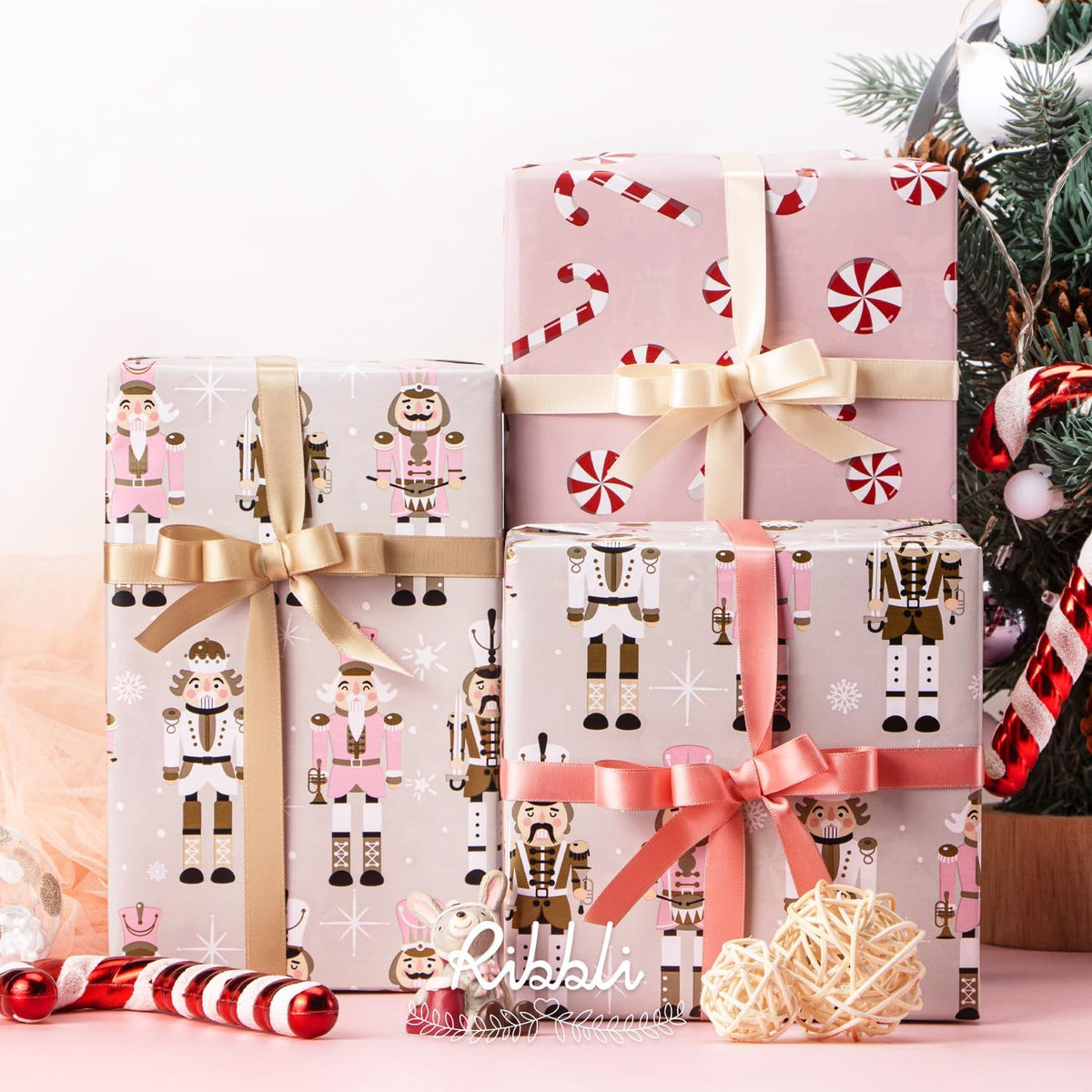 Ribbli Reversible Christmas Wrapping Paper Rolls, Nutcracker and Candy Cane Pink Gift Wrapping