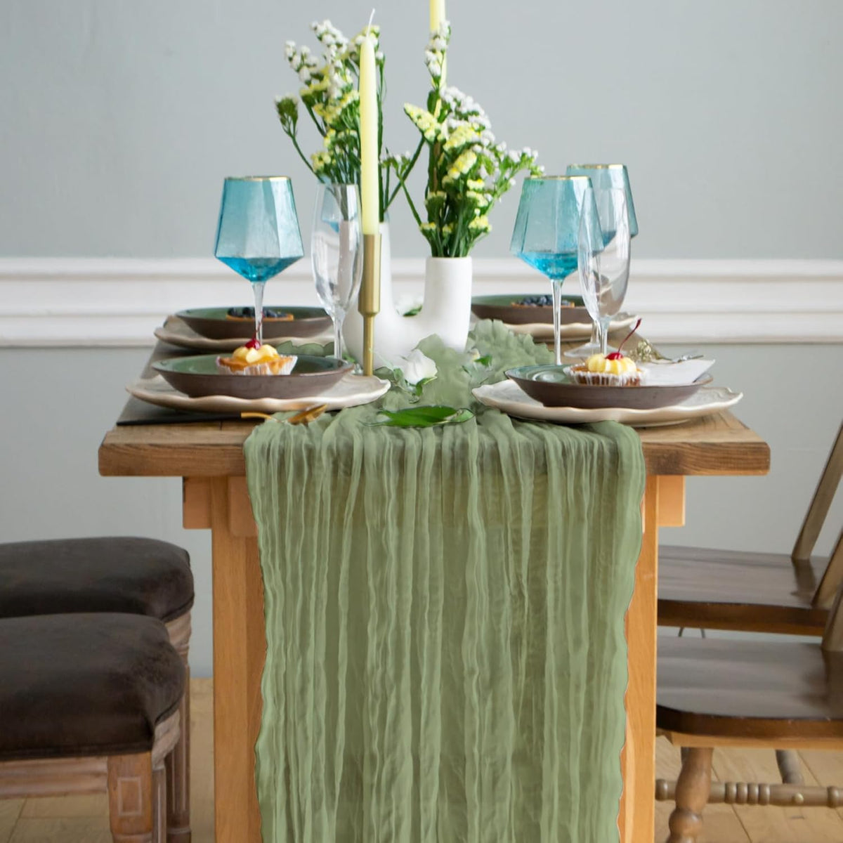 Gauze Table Runner Bulk sage Green Set of 2 Items, 12 ft Cheesecloth Runner for Table Rustic Table