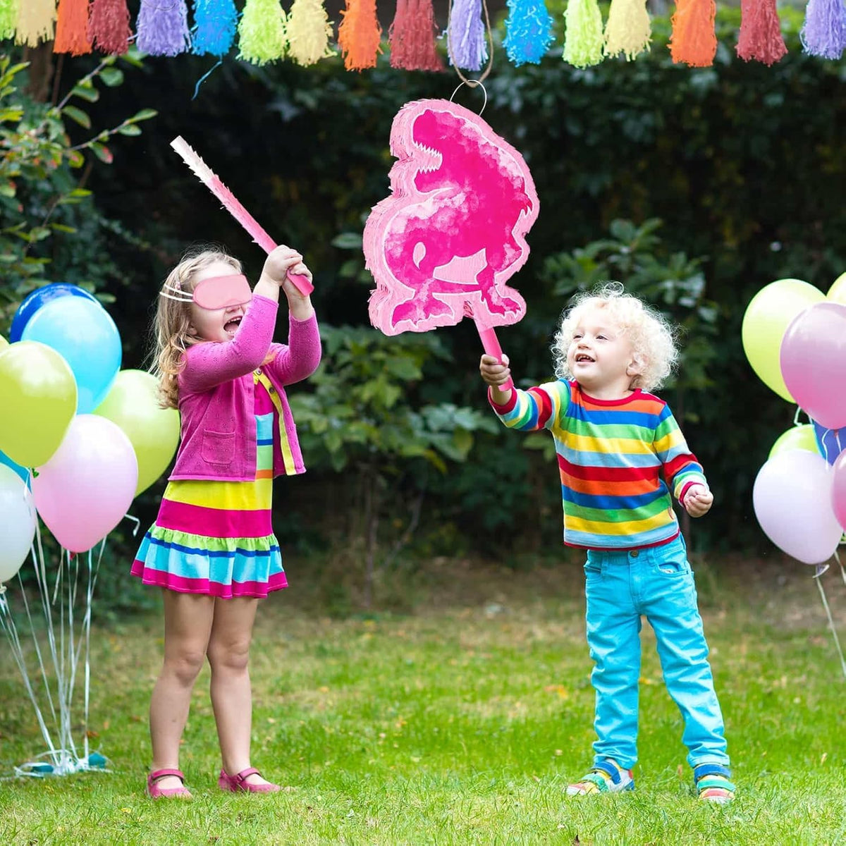 WERNNSAI Dinosaur Piñata - Watercolor Pink Dinosaur Piñata Birthday Piñata with Stick and Blindfold