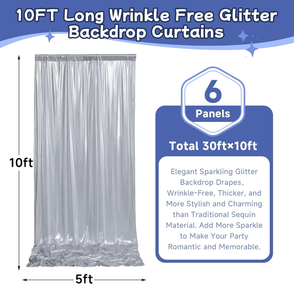 leegleri 30x10ft Thick Silver Glitter Backdrop Curtain Panels for Parties, Wrinkle Free Sequin