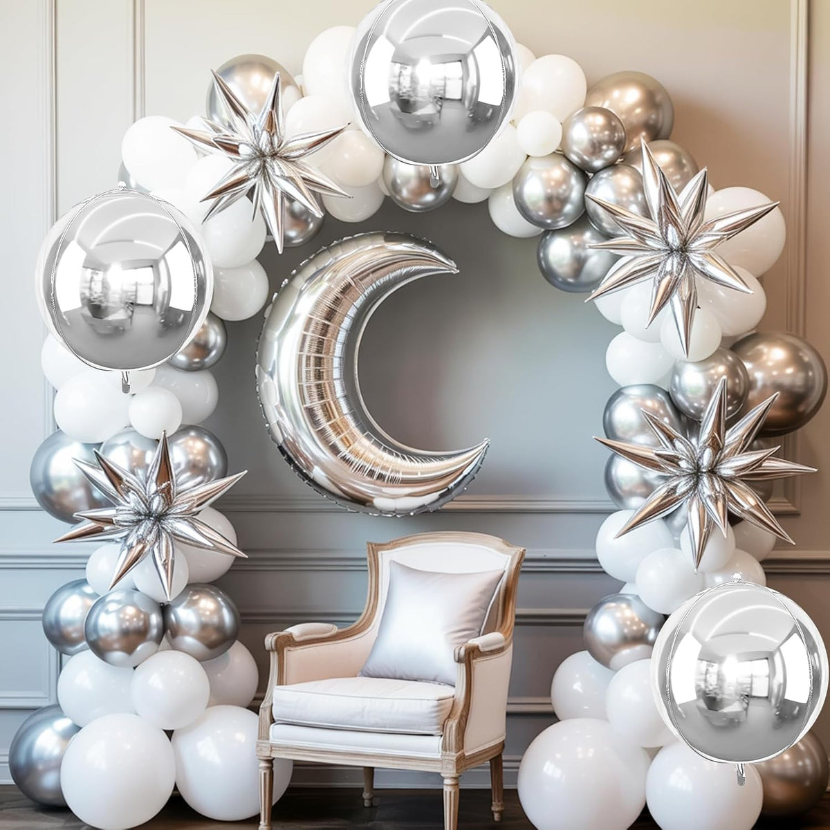 6Pcs Silver Foil Balloons,22Inch Silver 4D Round Ball Balloon and Explosion Star Balloon for