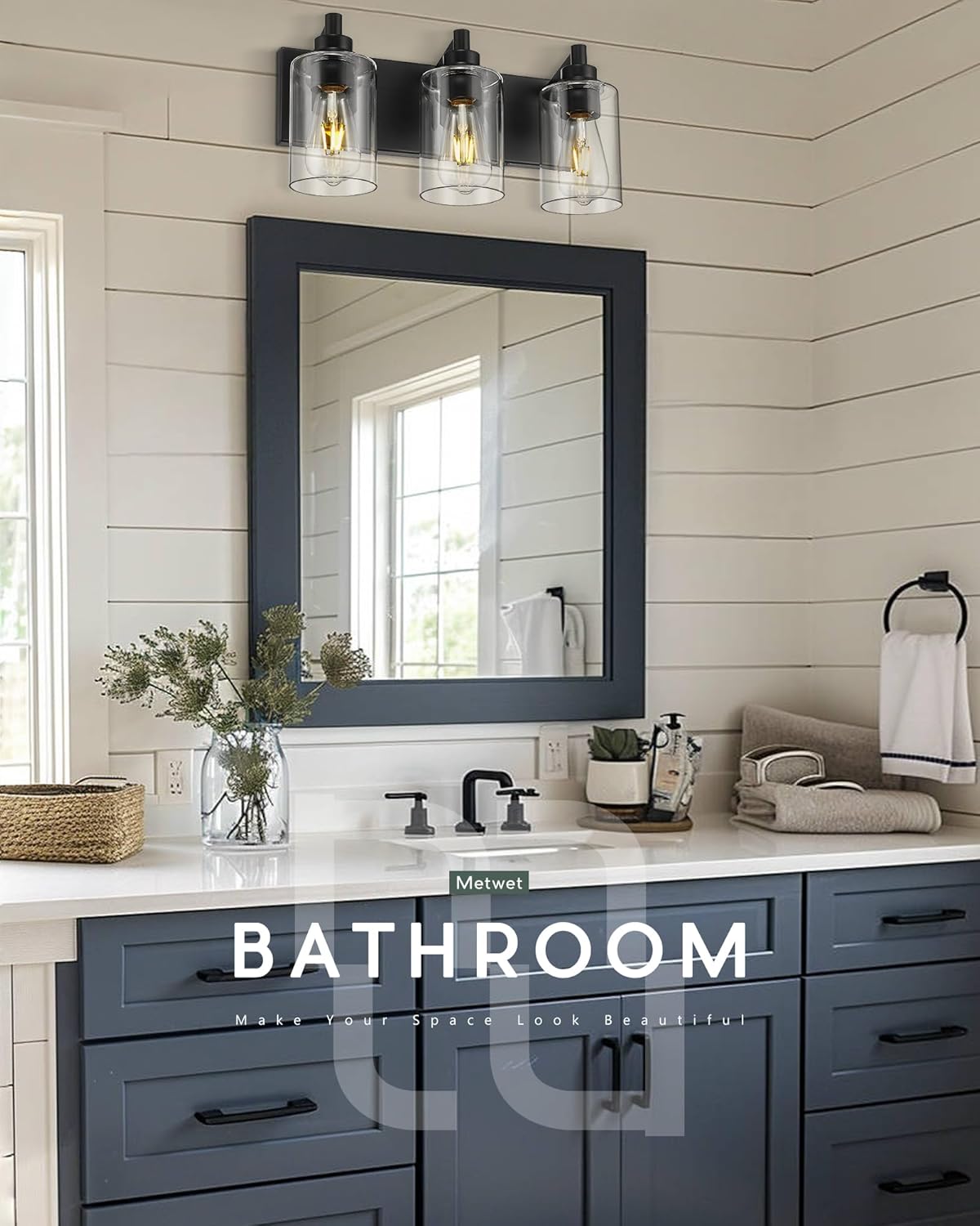 3-Light Bathroom Light Fixtures, Black Vanity Light with Cylinder Clear Glass Shade, Modern Vanity