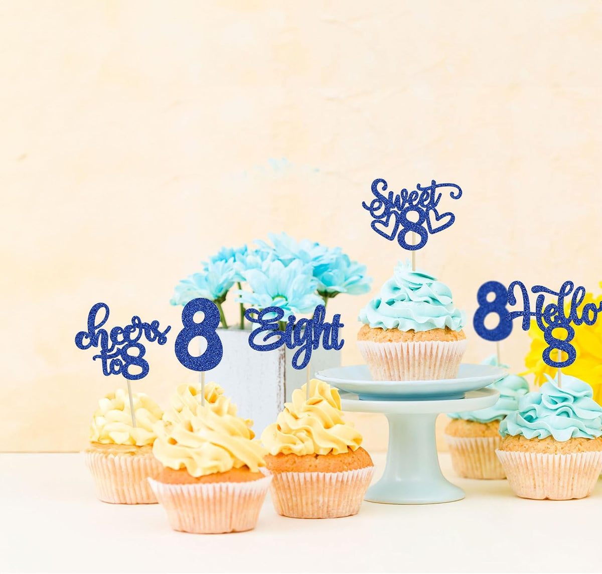 30Pcs 8th Birthday Cupcake Toppers Glitter Eight Hello 8 Cupcake Picks Cheers to 8 Years Old Cake