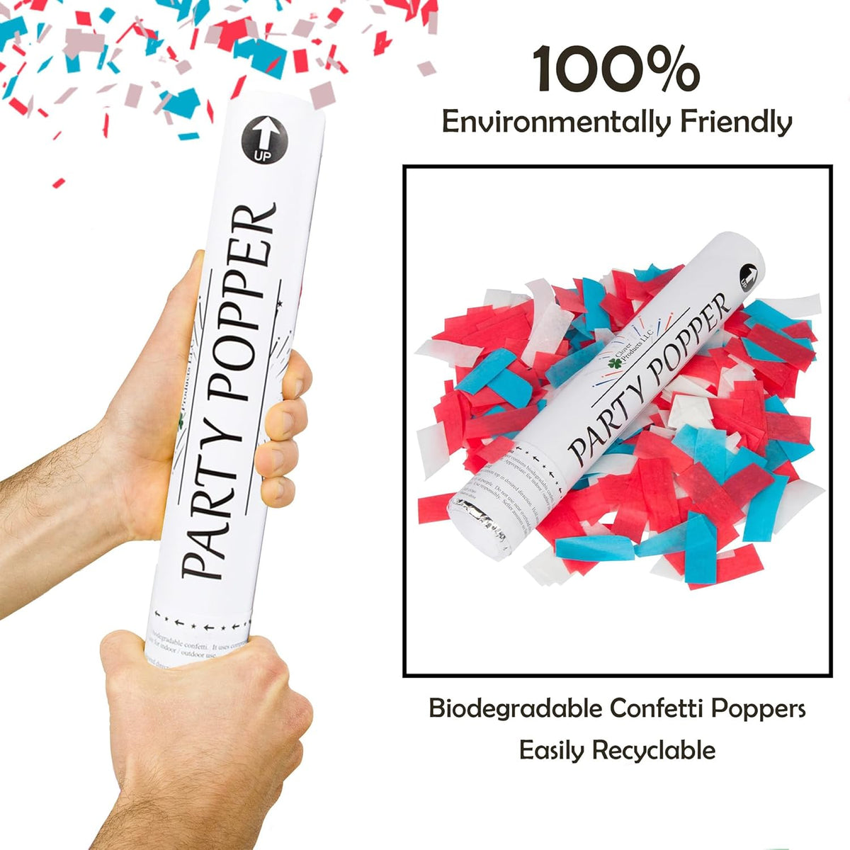Clover Products Confetti Cannons 6-Pack – Biodegradable Red, White & Blue Party Poppers Launch 25