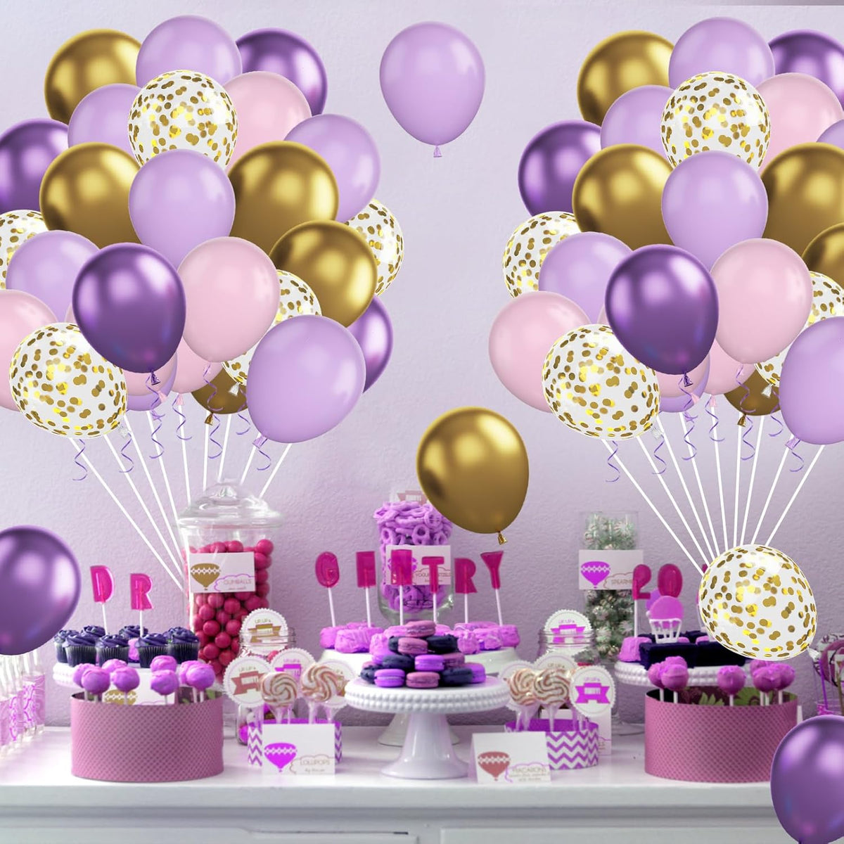 Pink and Purple Balloons, 60Pcs Pastel 12 Inch Metallic Gold Confetti Latex Balloons for Girls