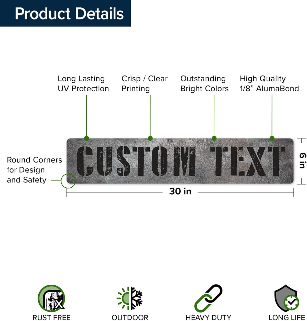 Custom Sign, Custom Street Sign, 11 Font Colors, 13 Font Styles, 4 Hole Options, 22 Sizes, 6x30