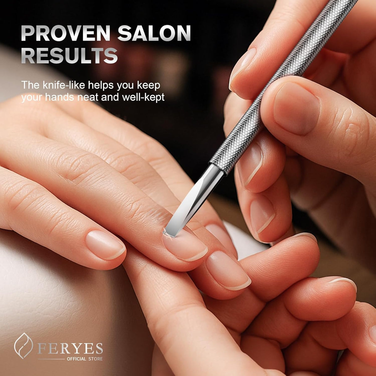 FERYES Professional Cuticle Pusher & Remover Tool - Stainless Steel Dual-Sided Nail Care Tool for