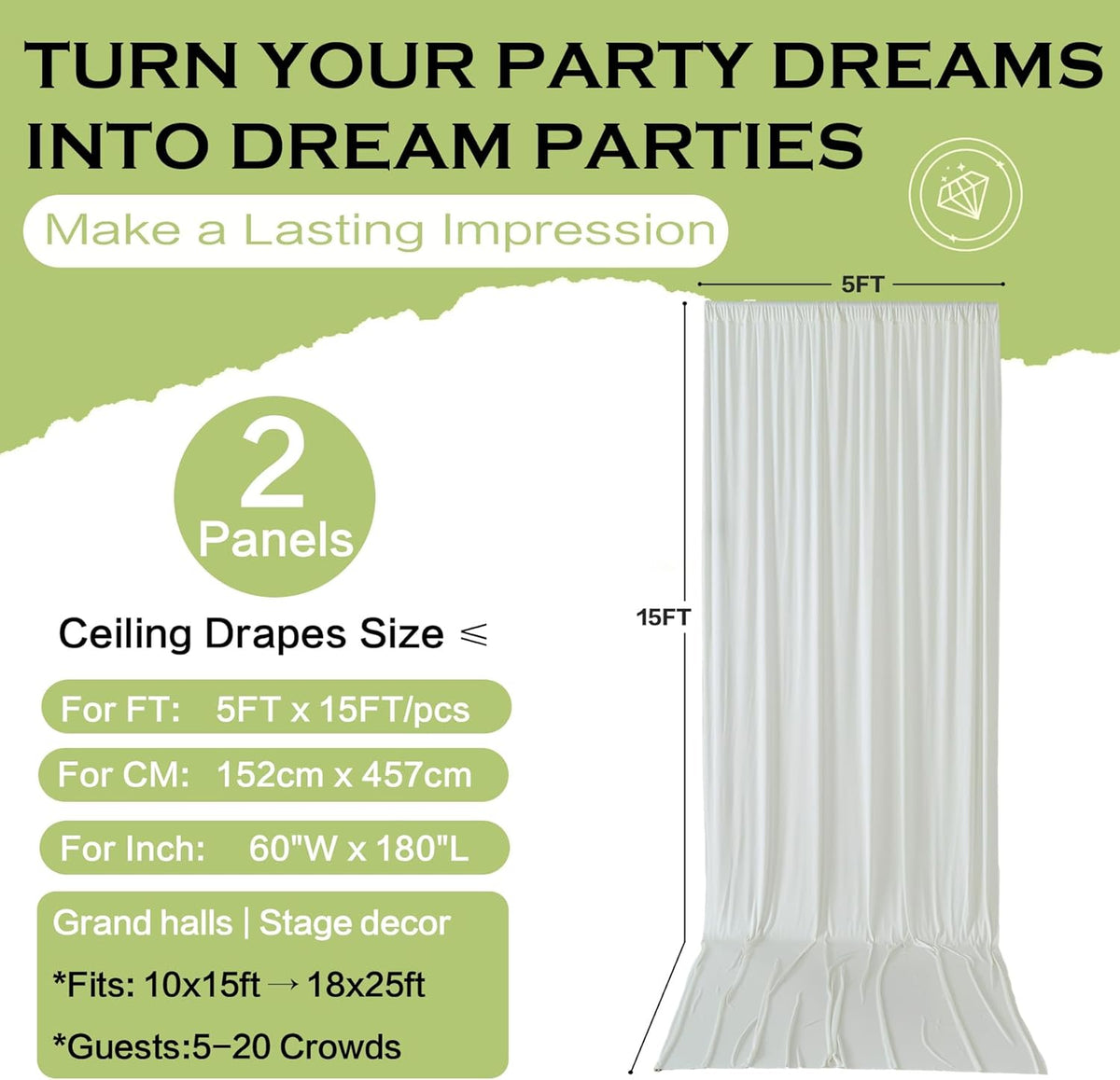 PartyVillage 10ft×15ft Ivory Backdrop Curtain for Wedding Parties, 2 Panels Wrinkle Free 15 FT Long