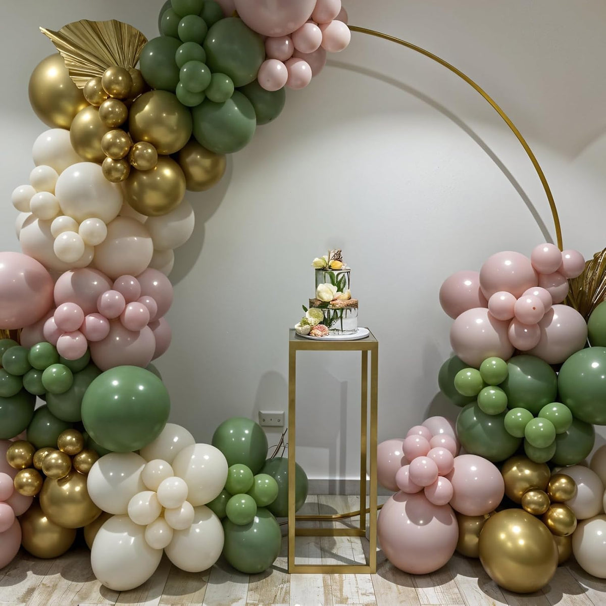 Pink and Green Balloons, 12 Inch Retro Sage Green Pink Nude Metallic Gold Confetti Balloons with