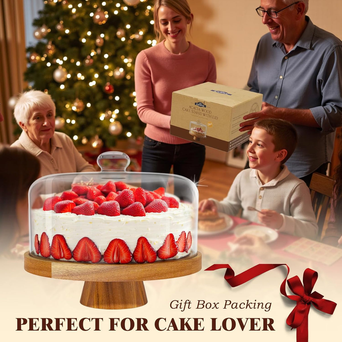 Acacia Wood Cake Stand with Lid, 12" Glass Cake Stand with Dome Cake Holder, 2-in-1 Dessert Table