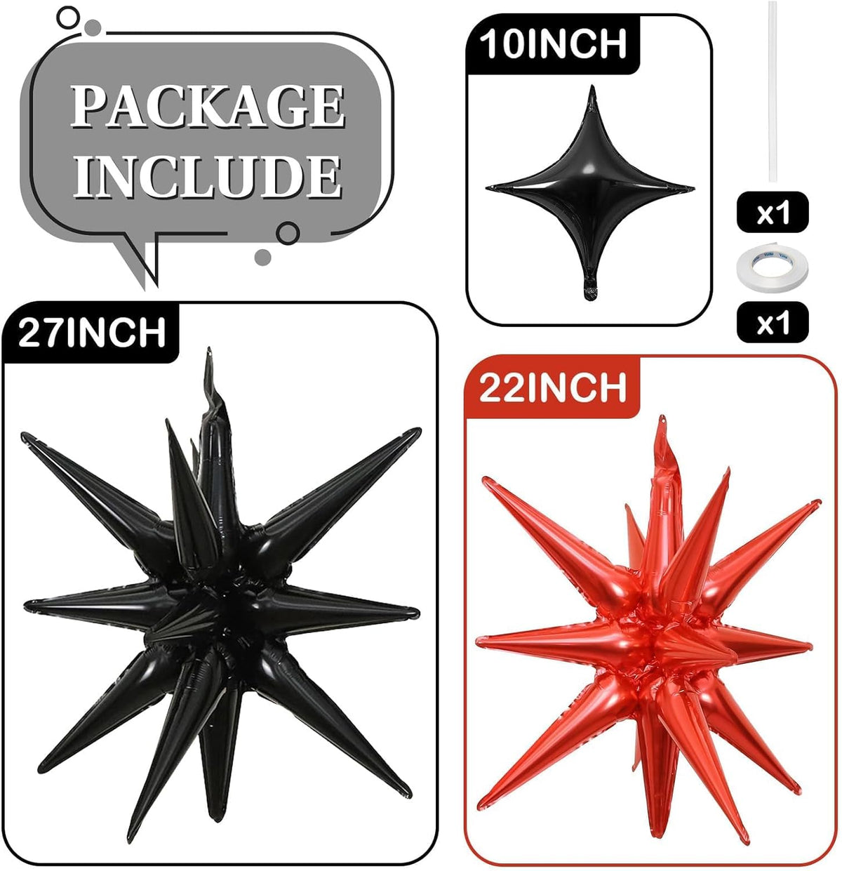 Black Red Star Balloons 12pcs, 27/22 Inch Foil Star Explosion Balloons, Large Spike Mylar Cone