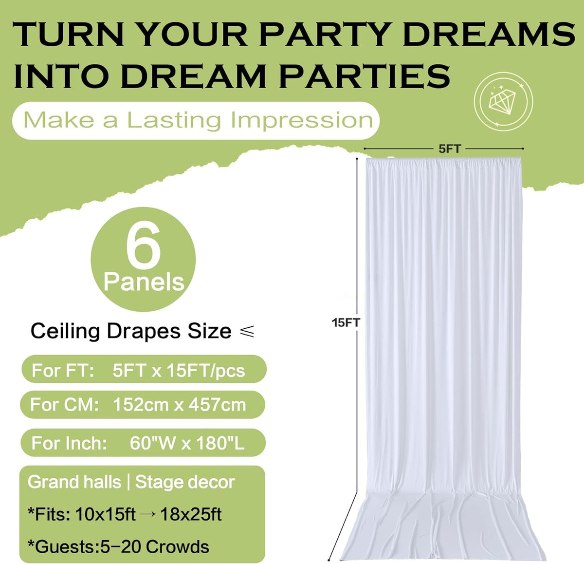 PartyVillage 30ft×15ft White Backdrop Curtain for Wedding Parties, 6 Panels Wrinkle Free 15 FT Long