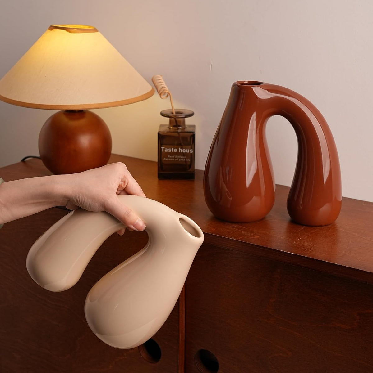 White (Ivory) Ceramic Vase – Glossy Modern Sculptural Décor, Arch Handle Artistic Design, Premium