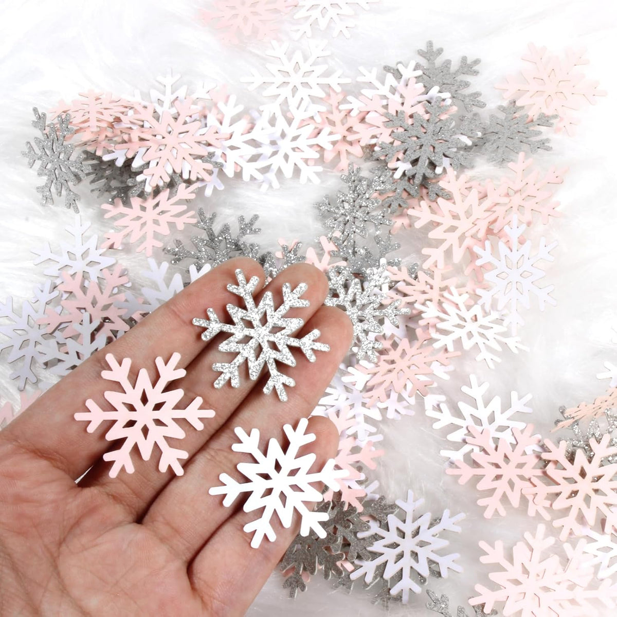 200PC White Pink Silver Snowflake Confetti for Winter Wonderland Decorations Small Snowflakes Table