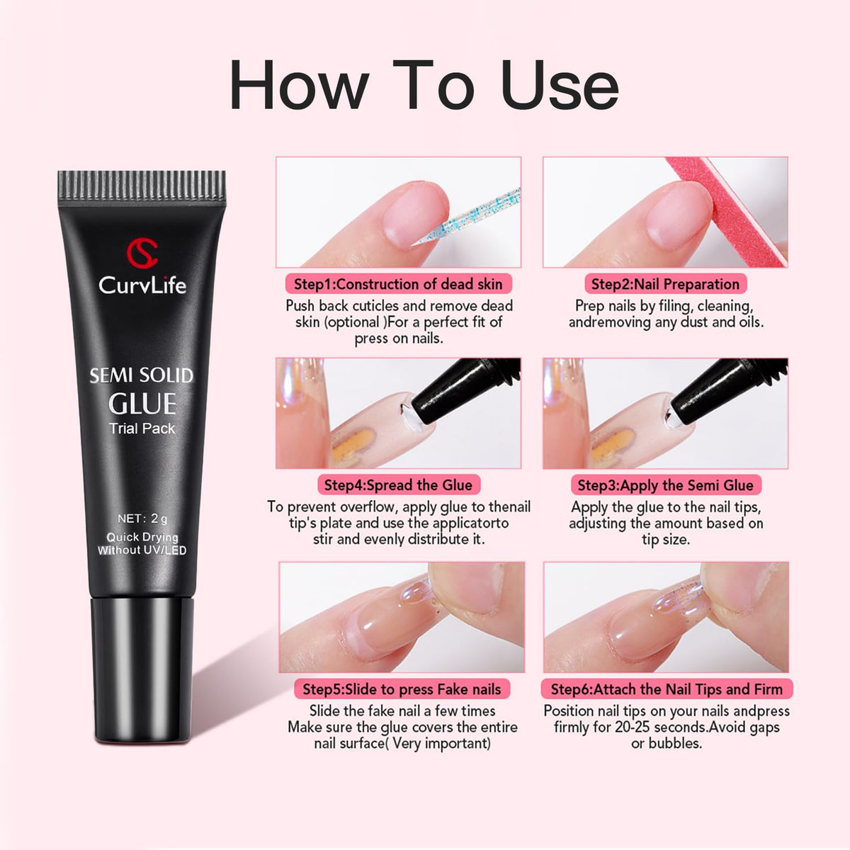 CurvLife Nail Tips Semi Solid Nail Glue 2g (5pcs) - Super Strong, Soft Glue Gel Quick Drying