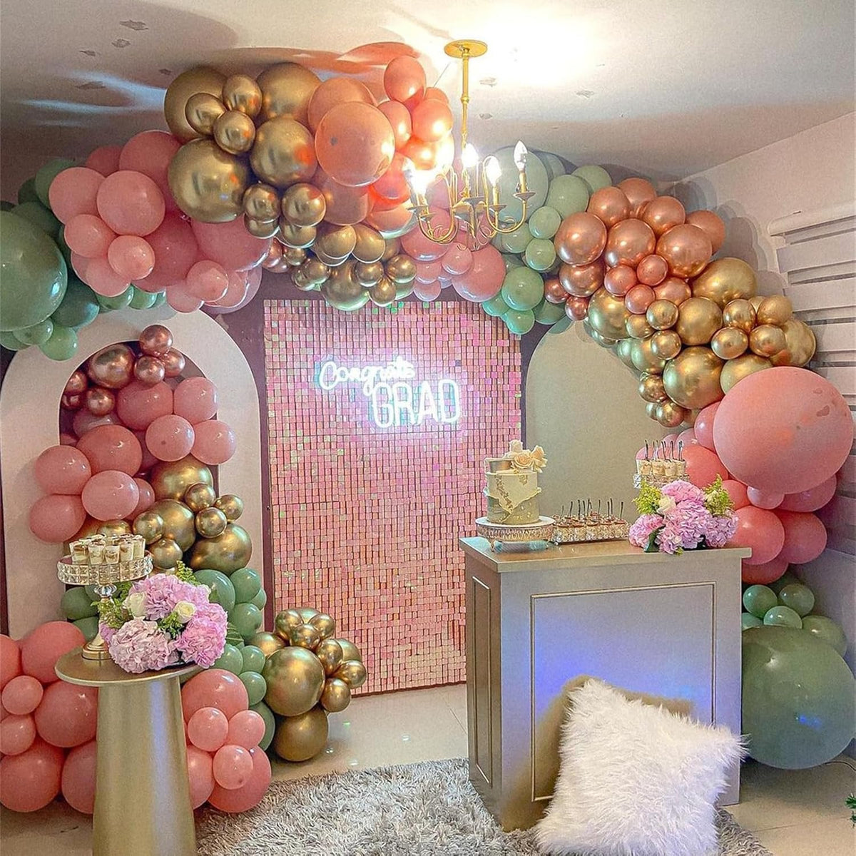 Sage Green and Dusty Pink Balloons, Retro Pink and Green White Gold Confetti Baby in Bloom Balloons