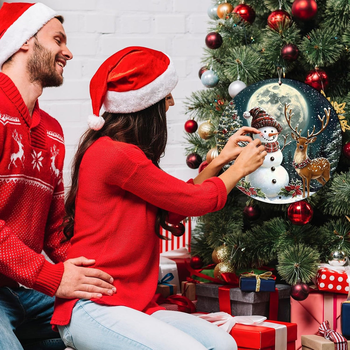 Christmas Snowman Decor Round Metal Tin Sign Christmas Deer Vintage Tin Sign for Home Coffee Wall