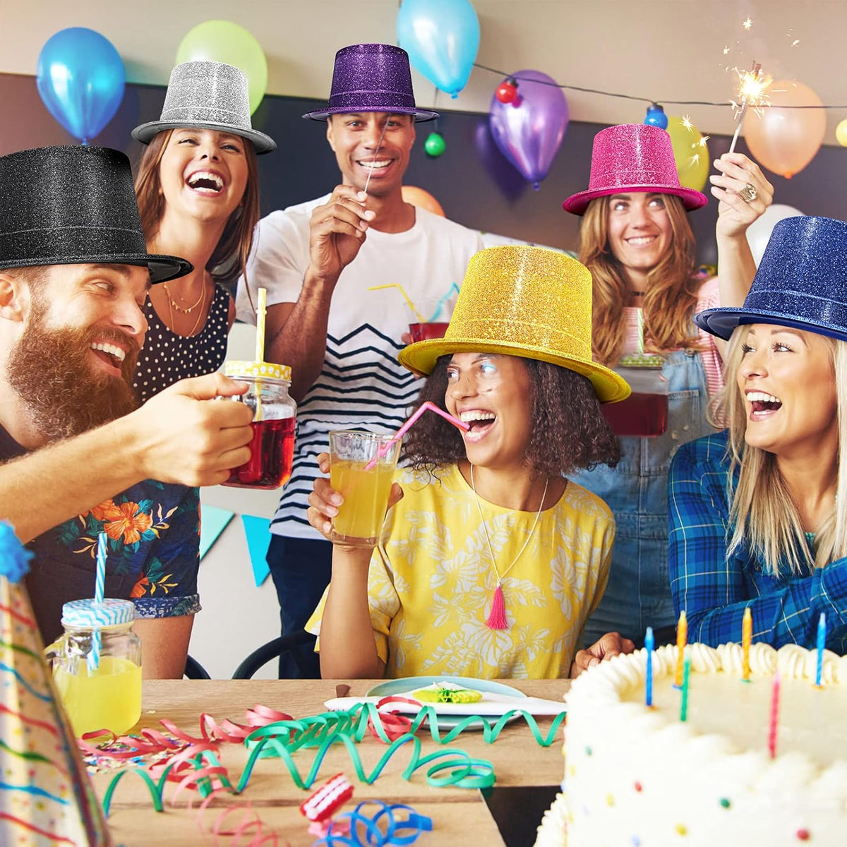 Handepo 12 Pack Bright Glitter Top Hat Mini Fun Party Hats for Adults Halloween Christmas Party