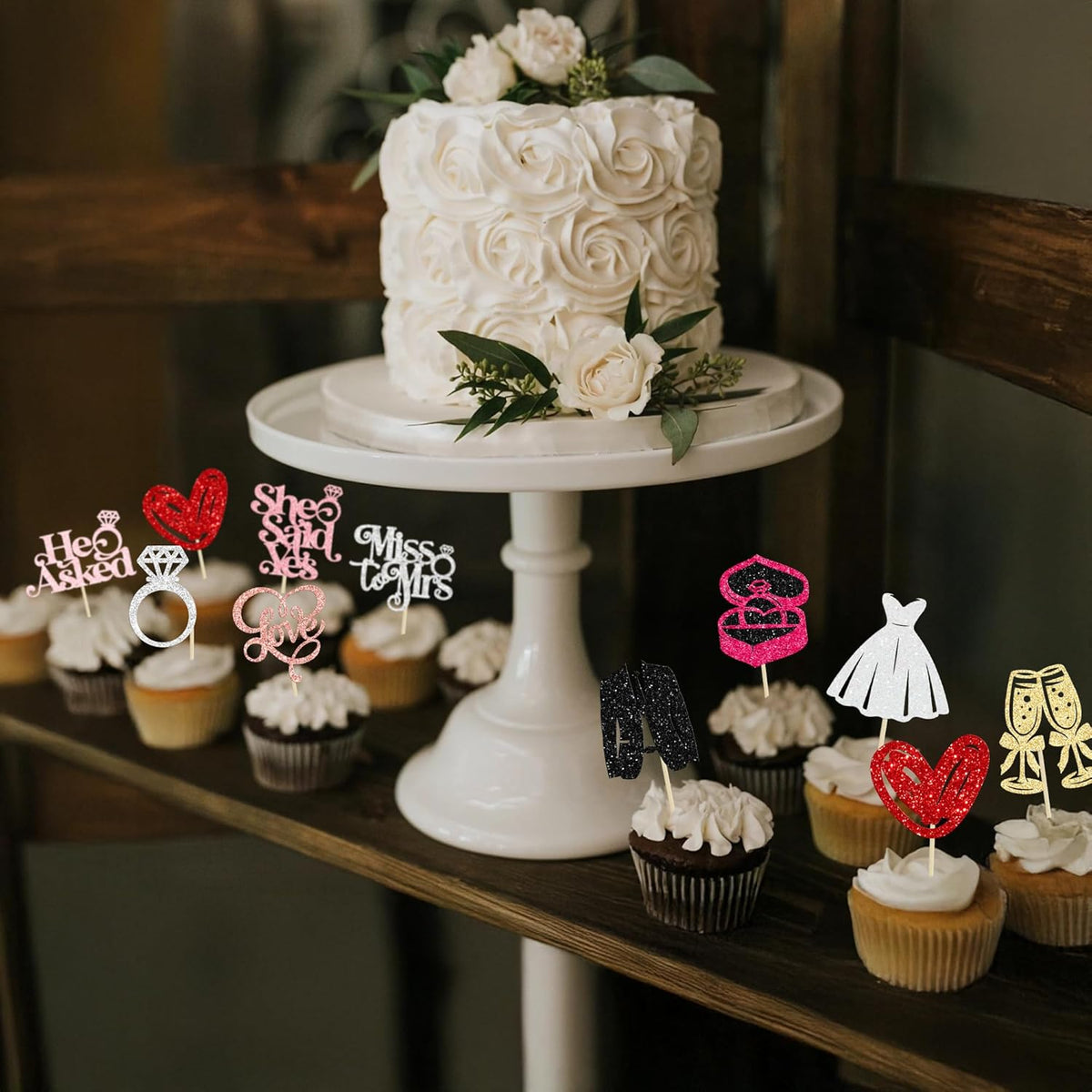 Gyufise 30Pcs She Said Yes Cupcake Toppers Glitter Diamond Ring I Do Love Cupcake Picks Miss to Mrs